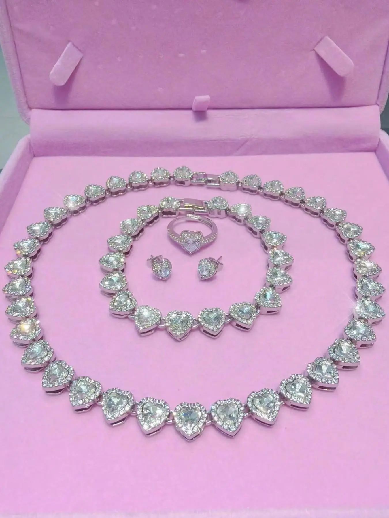Heart Costume Jewelry Set for Women, Sparkling Necklace & Bracelet, Romantic Heart Charms, Fashion Accessories for Party, Wedding & Gifts