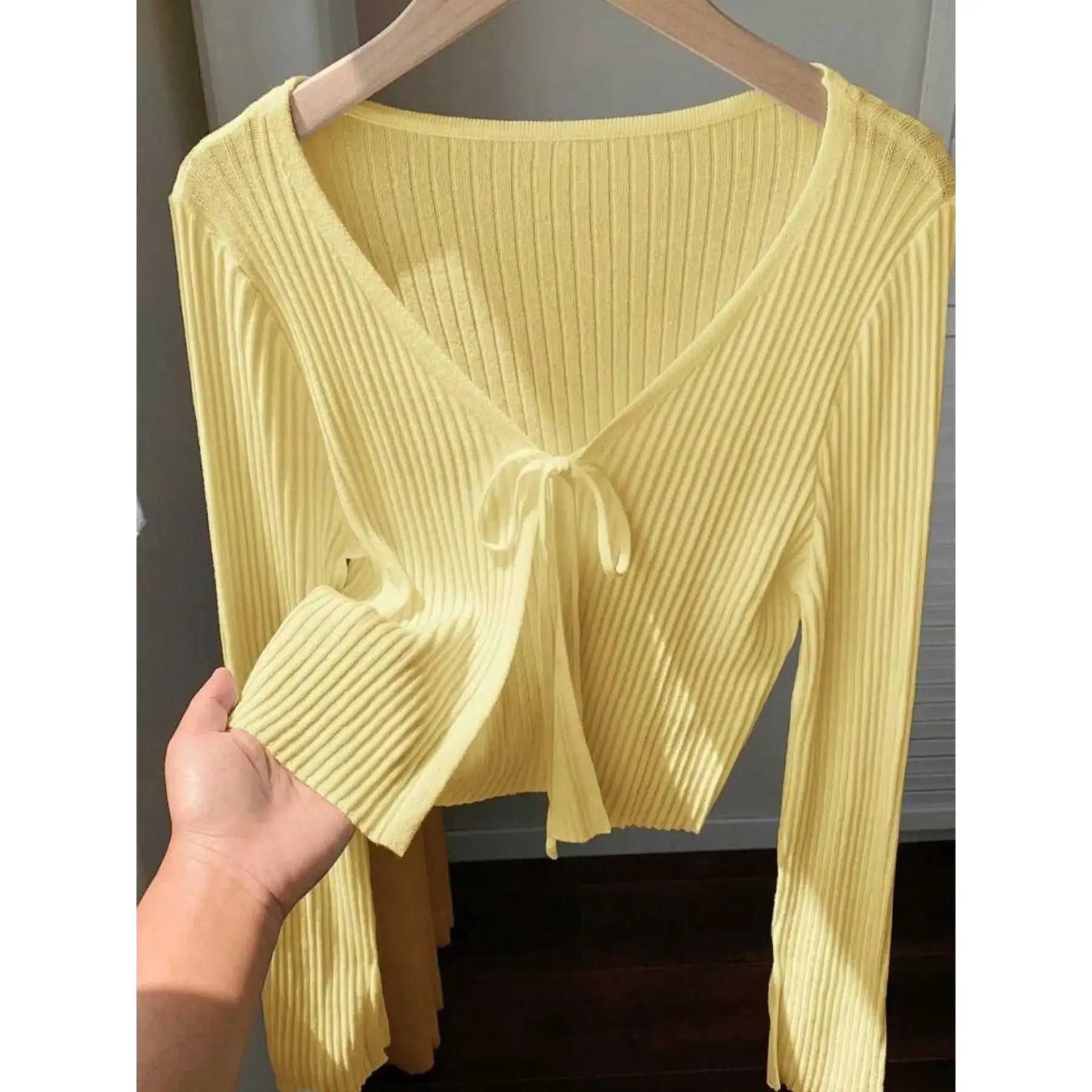 Spring Summer Simple Style Casual Knit Cardigan, Fashionable Women's Versatile Tie Front Sweater, Plain Fitted Outerwear, Drawstring V Neck Knitwear