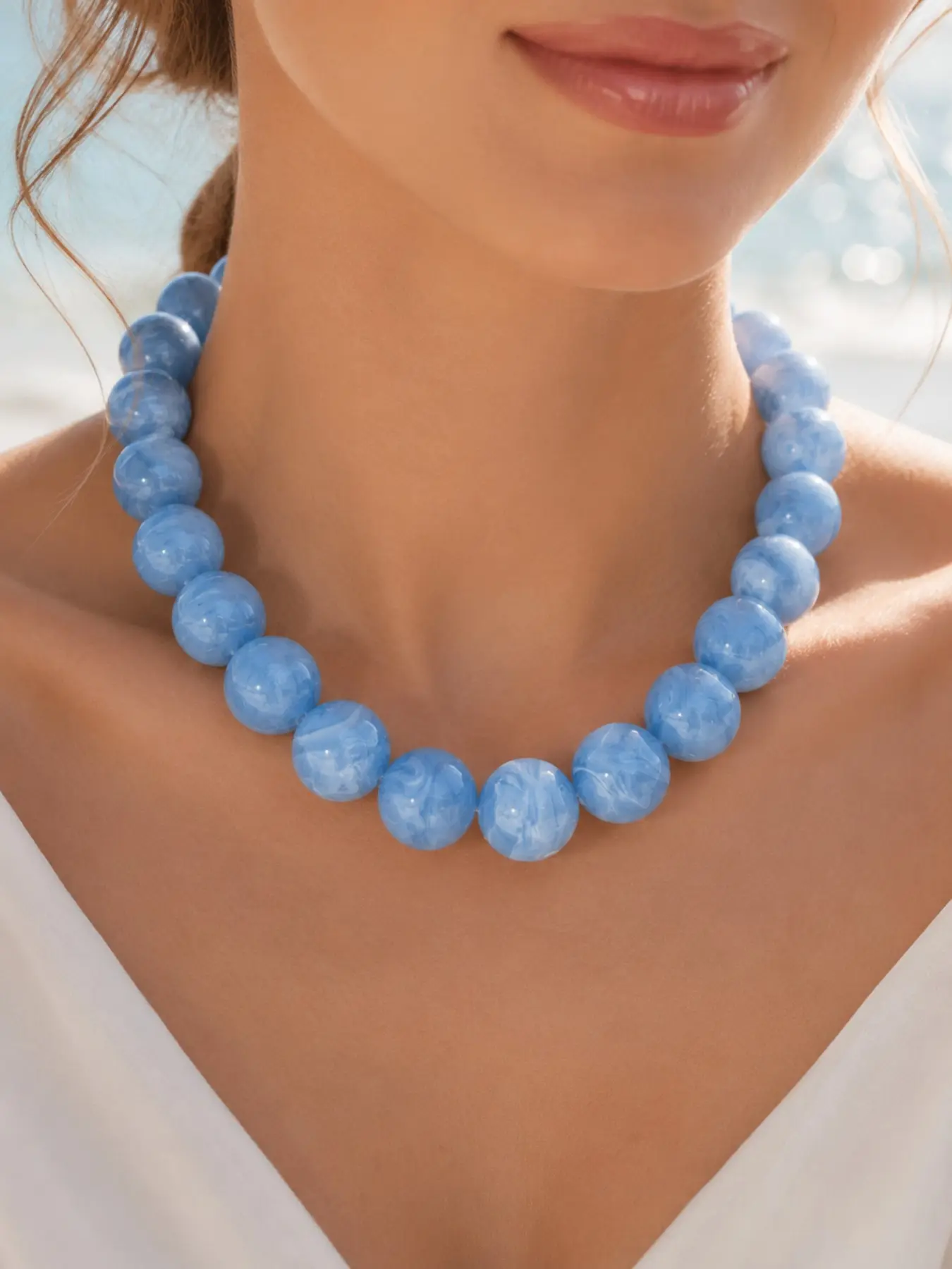 1PC Blue Chunky Bead Necklace for Women, Marbled Round Ball Statement Choker with Adjustable Chain, Trendy Y2K Bubble Jewelry for Summer Beach Vacation, Resort and Daily Outfits