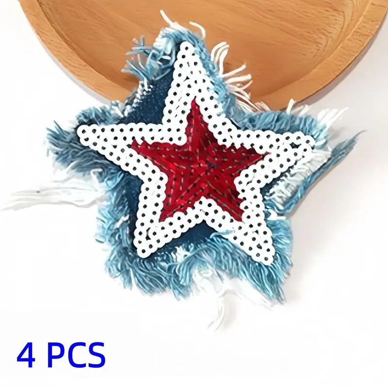 4 Pcs Denim Star Sequin Embroidery Patch, Blue Glitter Iron-On/stitch Decor, DIY Craft Supplies, Clothing Hat Bag Decoration, Appliques Embellishments