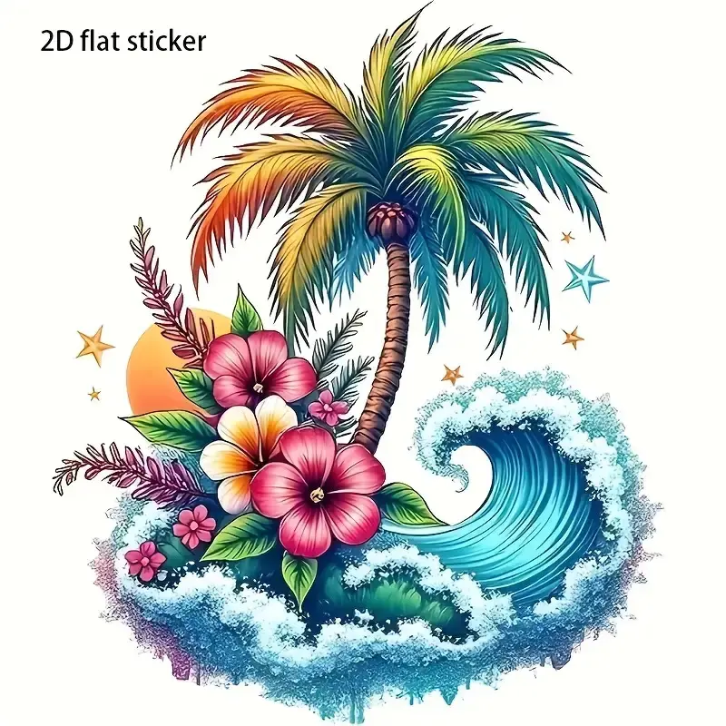6-Inch Large Self-Adhesive Tropical Beach Vinyl Sticker – Turquoise Blue and Turquoise Green Ocean Waves with Palm Tree, Hibiscus Flower and Turquoise Starfish Patterns – Removable Decal, Graphic Decal for Cars, Laptops, Windows, Walls, Glass Surfaces