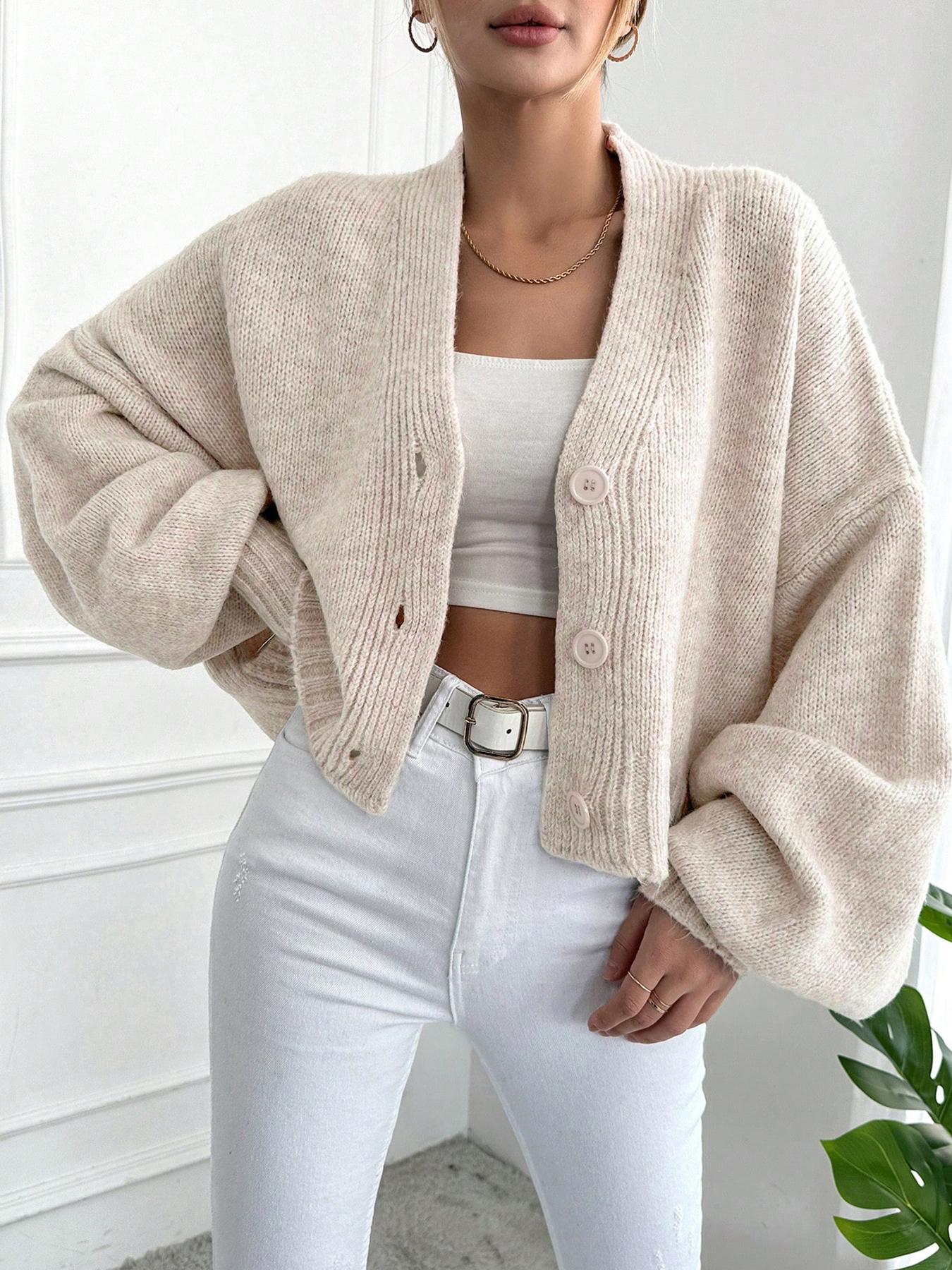 Women's Solid Color V-Neck Lantern Sleeve Cardigan, Casual Fashion Loose-Fit Knitted Cardigan for Fall & Winter, Button Front Design Knitwear