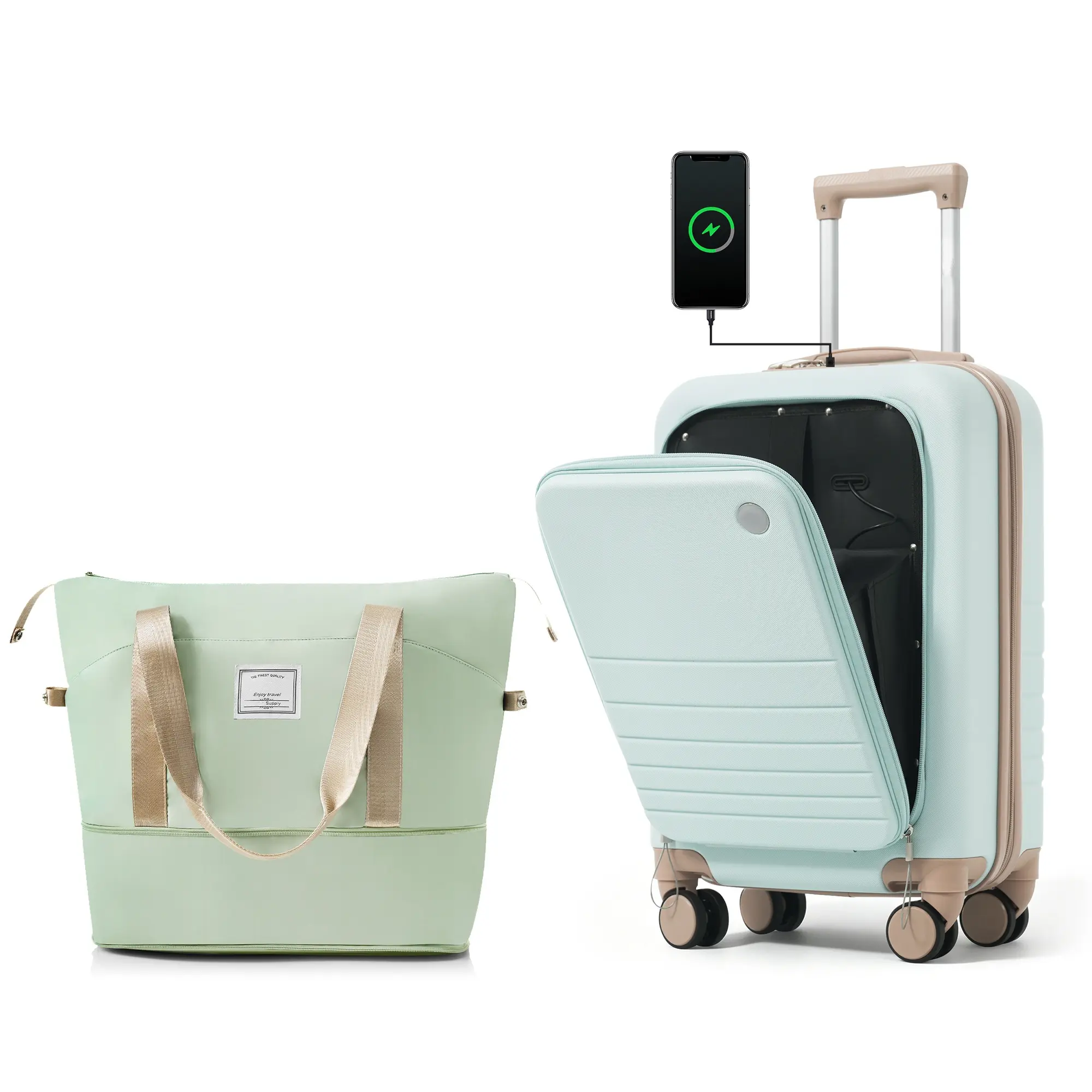 ARCH 20-Inch Carry-On Luggage Hard Shell Suitcase with Expandable Travel Bag Set, ABS Hardside 2-Piece Luggage Set with USB Port, Cup Holder, 360° Spinner Wheels, Green, Lightweight Durable Travel Suitcase for Men Women, Green Color Options