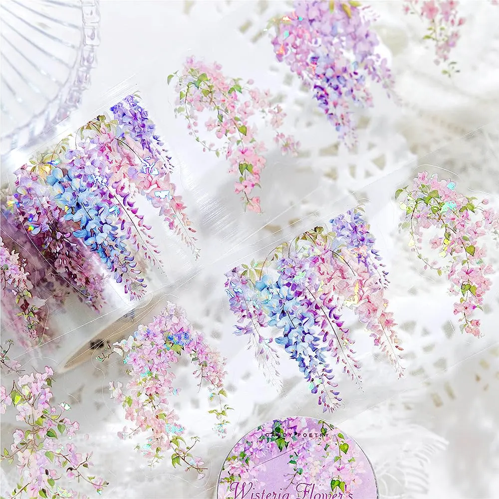 1Roll Spring Floral Washi Tape Vine Glitter Stickers for Scrapbooking, Transparent  Washi Tapes for Journaling Junk Journal Supplies Flower Scrapbook Tape Decorative Stickers Scrap Booking Supples