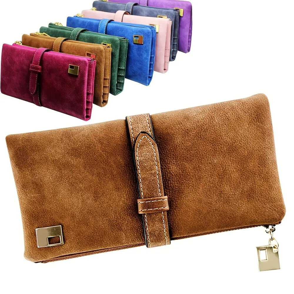 Women's Vintage Compact Long Faux Leather Wallet - Multi Card Slots, Zipper Coin Pocket, ID Window, Buckle Strap, Button Snap Clutch - Portable Cash Card Holder for Evening Daily Use, Evening Use