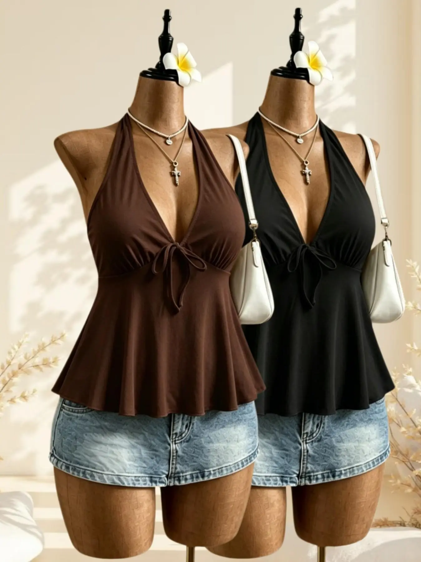 Vintage Sweet & Spicy Summer Polka Dot Halter V-Neck Top, Front Tie Ruffle Backless Slim Fit Tank Tops Set for Women