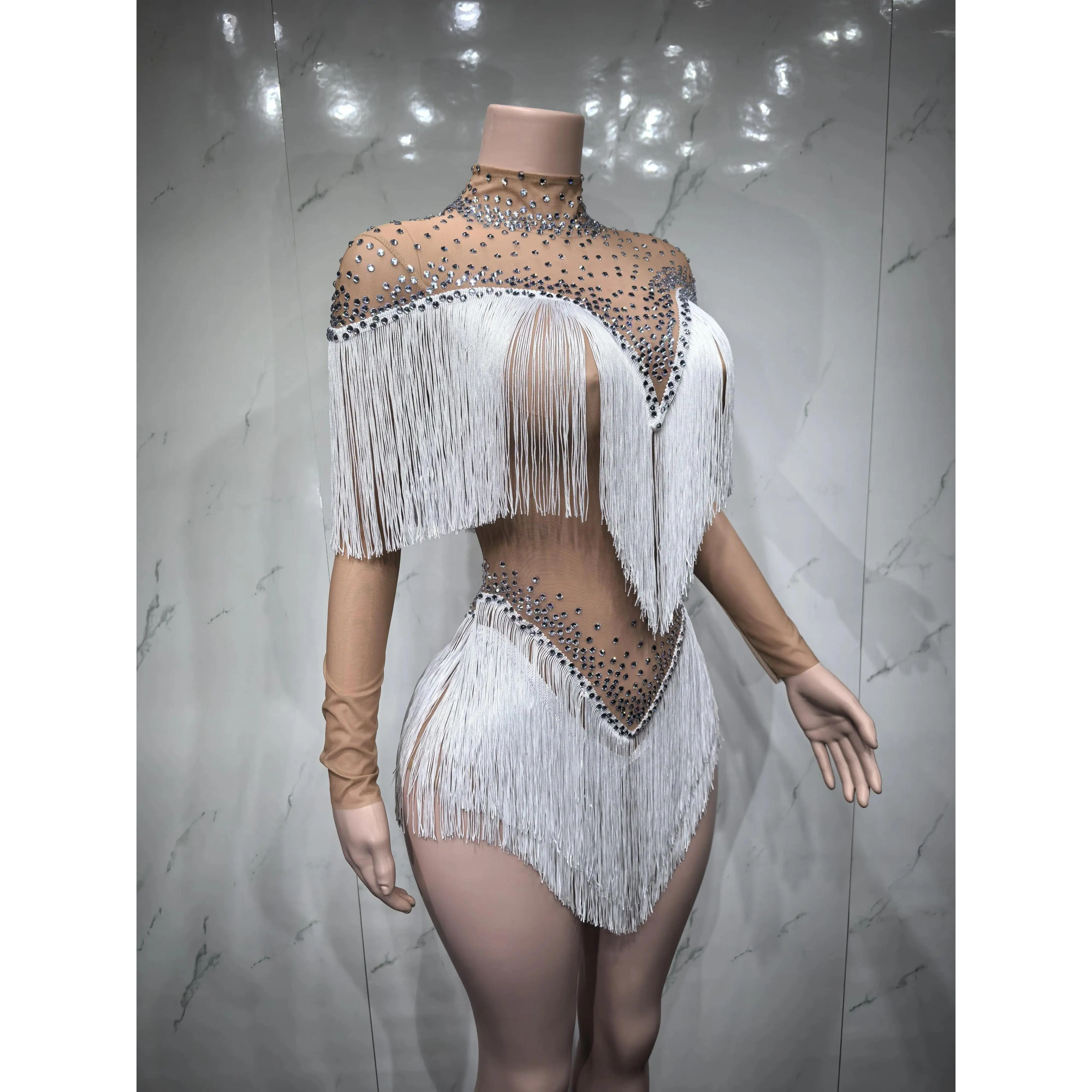 Rhinestones Tassels Bodysuit for WomenSexy Mesh Performance Dance Costume DancerStage Wear Nightclub Outfit  D225, Piece, Statement, One Piece