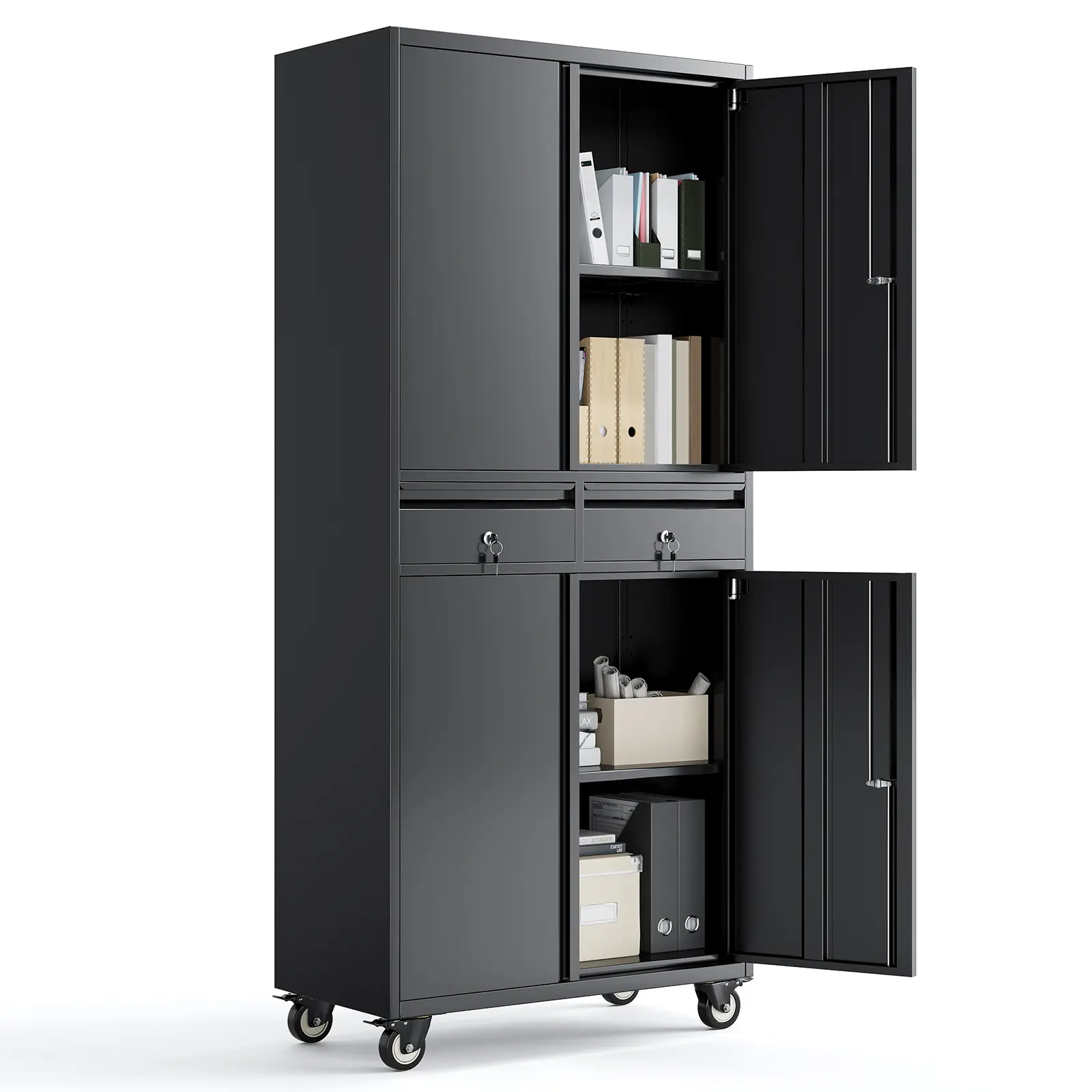 Metal Garage Storage Cabinets with Wheels, 71" Locking Cabinet with 2 Drawers, 4 Doors & Adjustable Shelves, Metal Cabinet with Keys for Home, Office, Garage Storage System