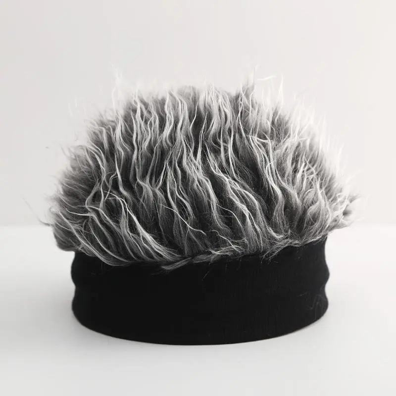 Unisex Thick Knit Brimmed Beanie - Men's Winter Integrated Wig Hat, Casual Wear Melon-Shape Fake Hair Cap for Adults, Hip Hop, Wind-Resistant