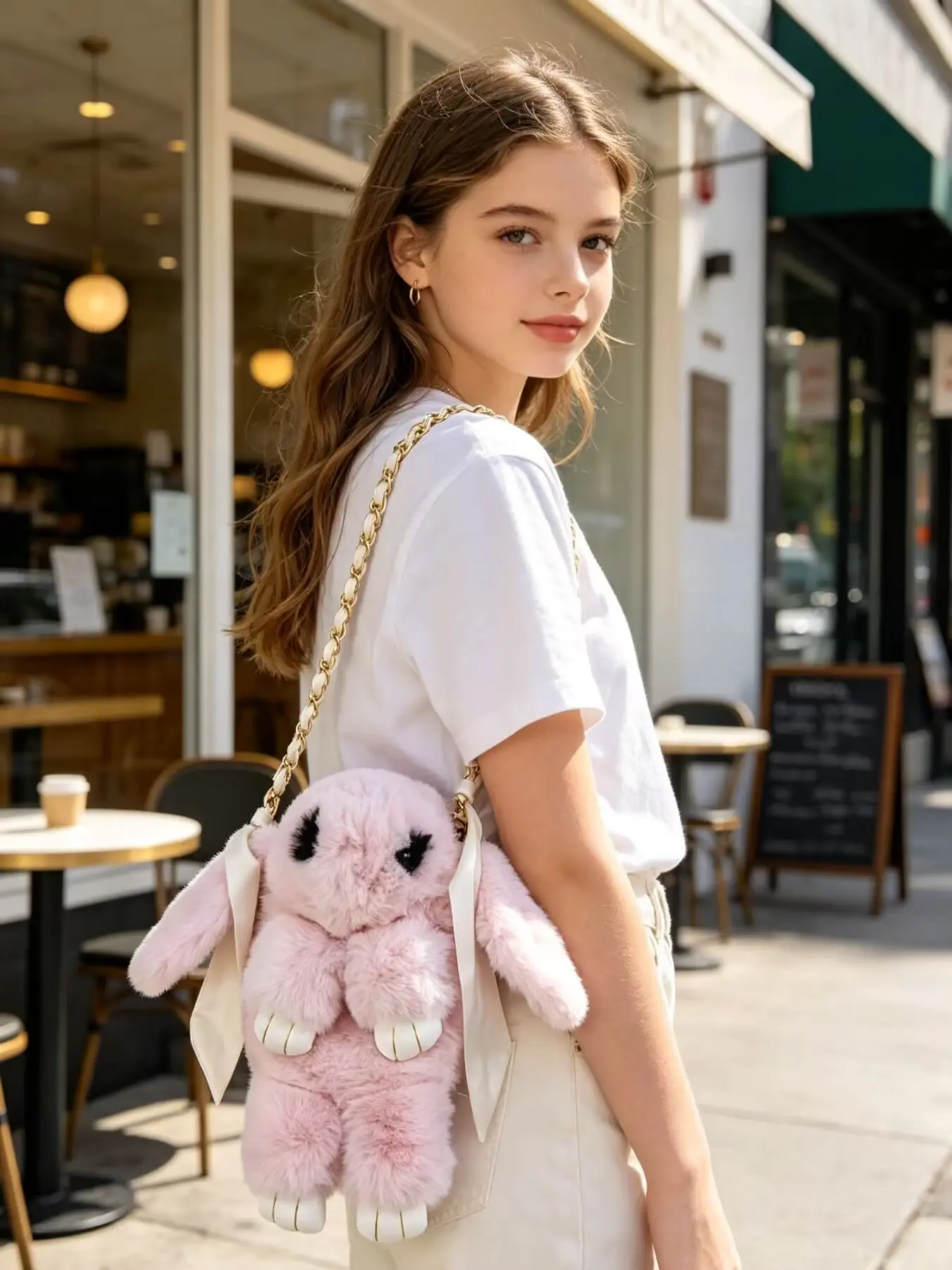 Original Handmade Rope Chain Ears Rabbit Plush Crossbody Bag, Cute Animal Pattern, All Seasons, Single Shoulder Bag, Rhombus Chain Design