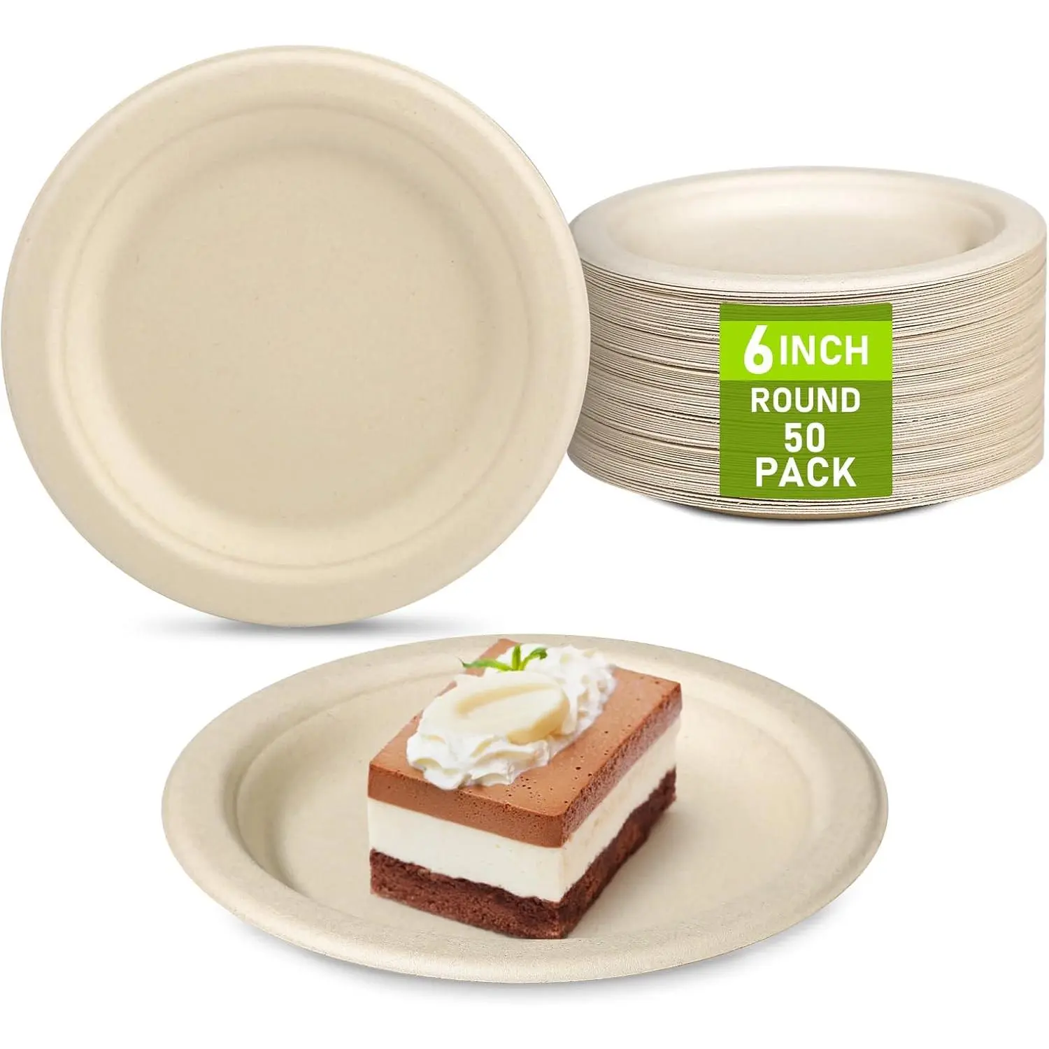 Small  Disposable Paper Plates, 50 Pack 6 inch  Compostable Recycled Paper Dessert Plates