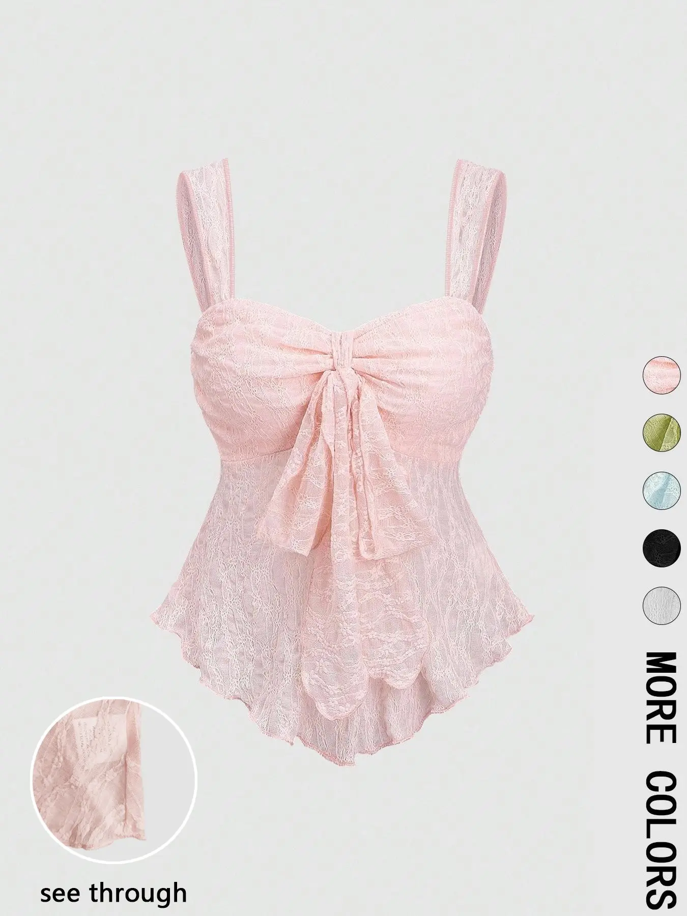 Romantic Lace Strapless Top Camisole Tank Tops for Women, Cute, Thin Straps, Front Bow Pleat, Summer See Through Sheer, Slim Fit, Plain Surface