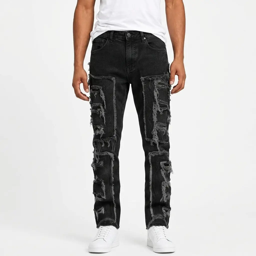 Men's Y2K Classic Bootcut Jeans, Micro Tassel Patch Distressed Denim Pants for Men, 5-Pocket Design, Thick Black Fashion Casual Bootcut Trousers