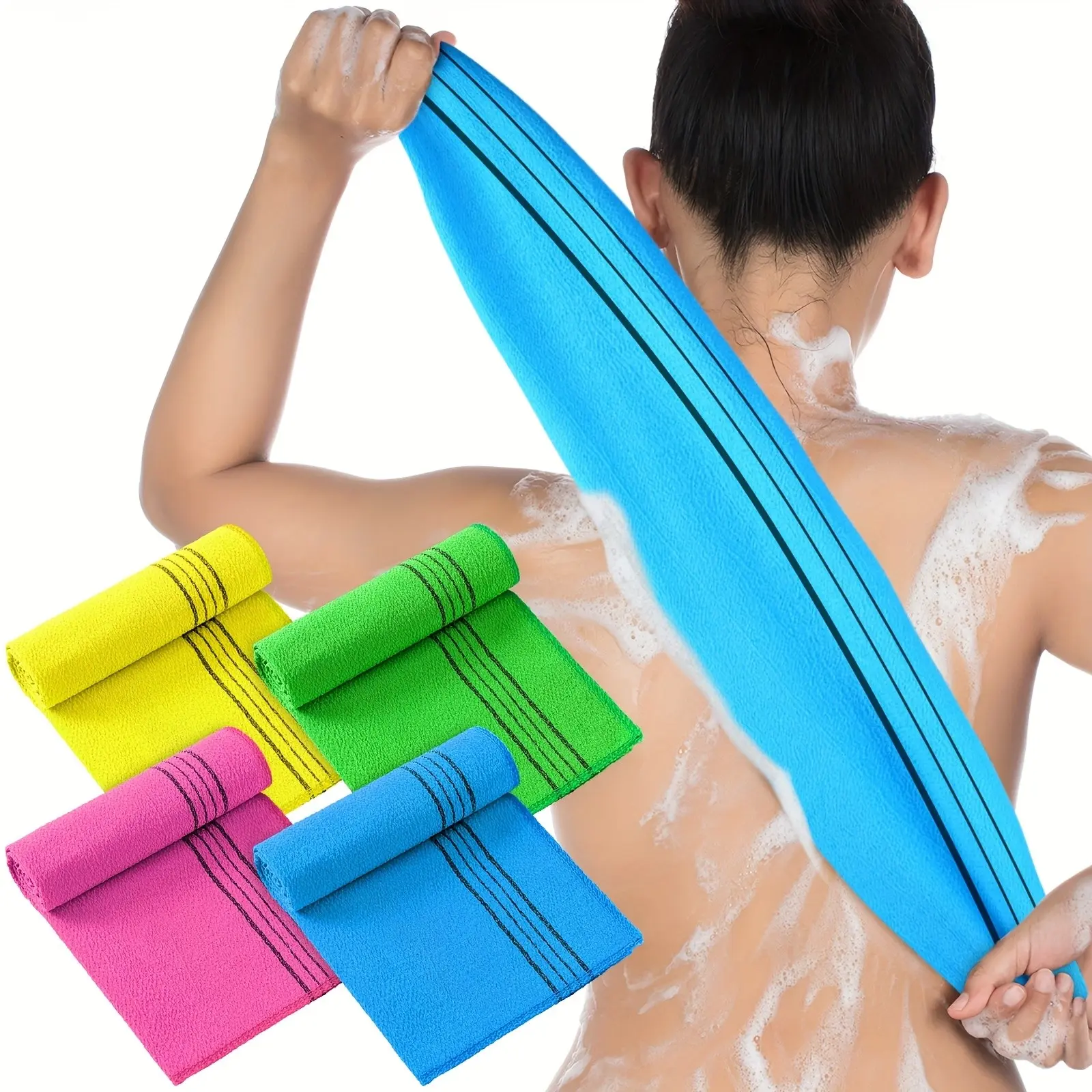 4pcs Korean Washcloth Exfoliating Long Japanese Korean Italian Exfoliating Cloth 35.5 Inch Back Scrubber for Body Men Women Bath Towel Washcloth Dead Skin Remover (Multicolored)