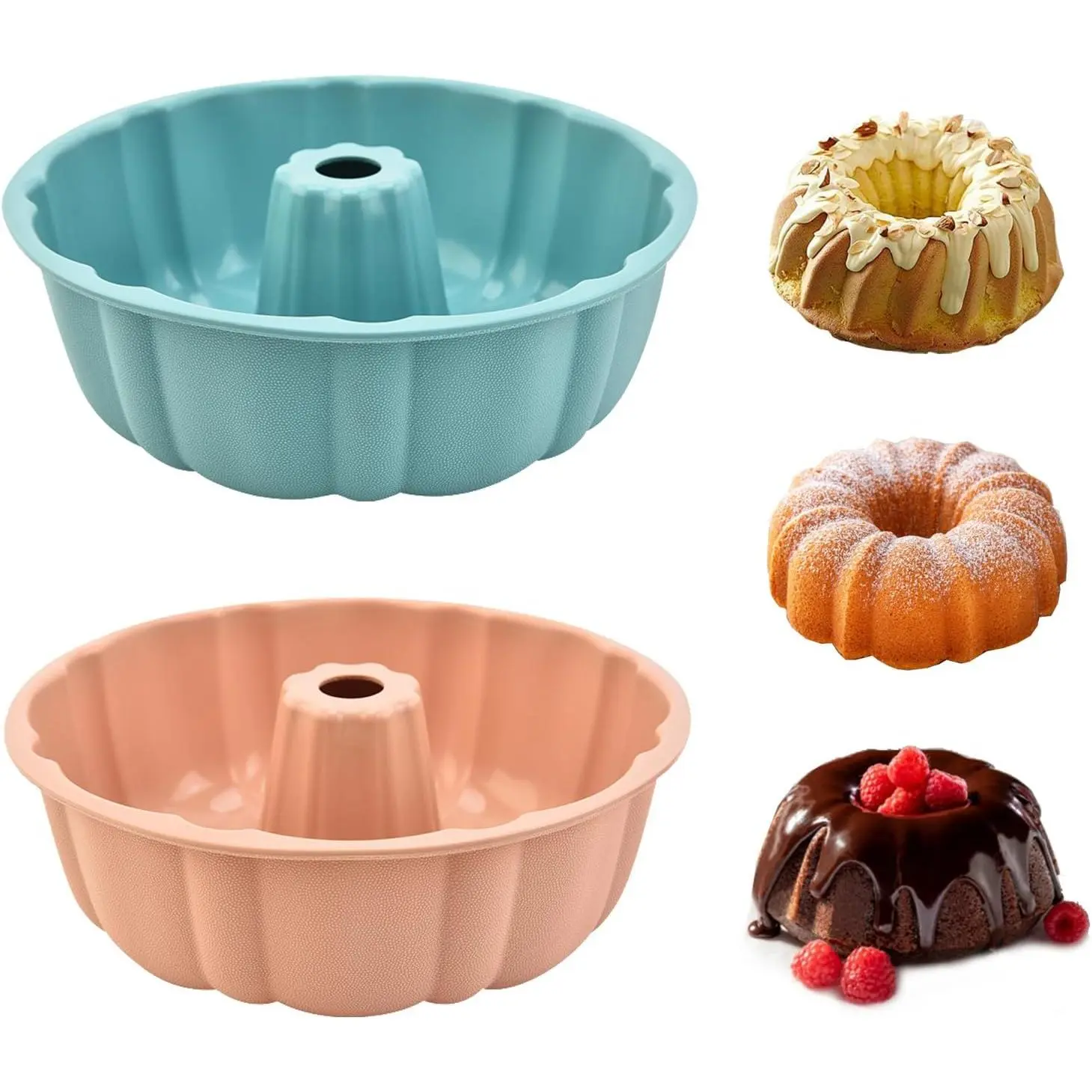 2 Pack Silicone Cake Pan Nonstick,10 Inch, Silicone Cake Molds,Pound Cake Pan, Baking Cake Pan for Jello,Gelatin,Cake,Brownie and Bread（Pink+Blue）