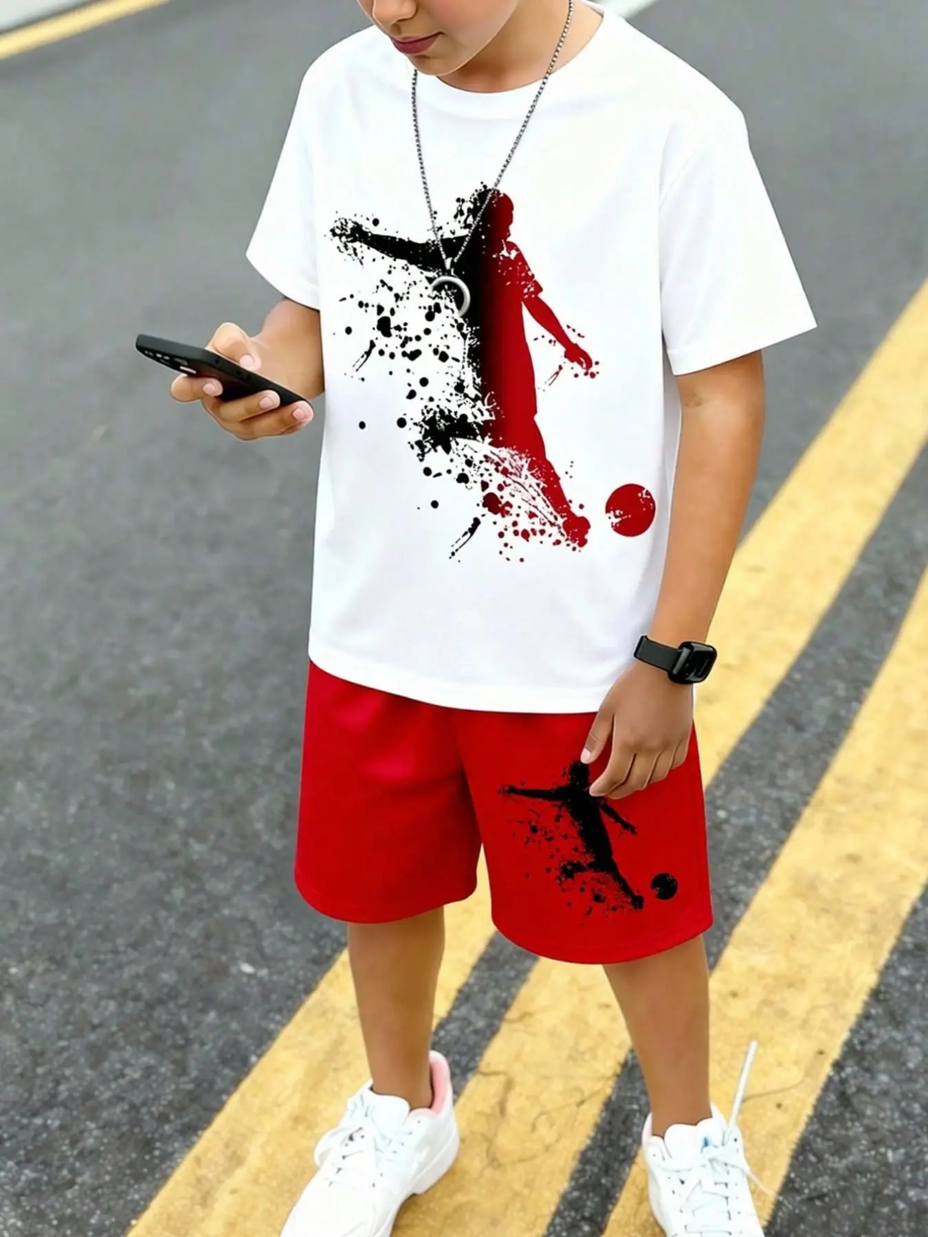 Boy Summer Two-Piece Set, Football Player Pattern Short Sleeve T-Shirt and Elastic Waist Shorts, Casual Sport