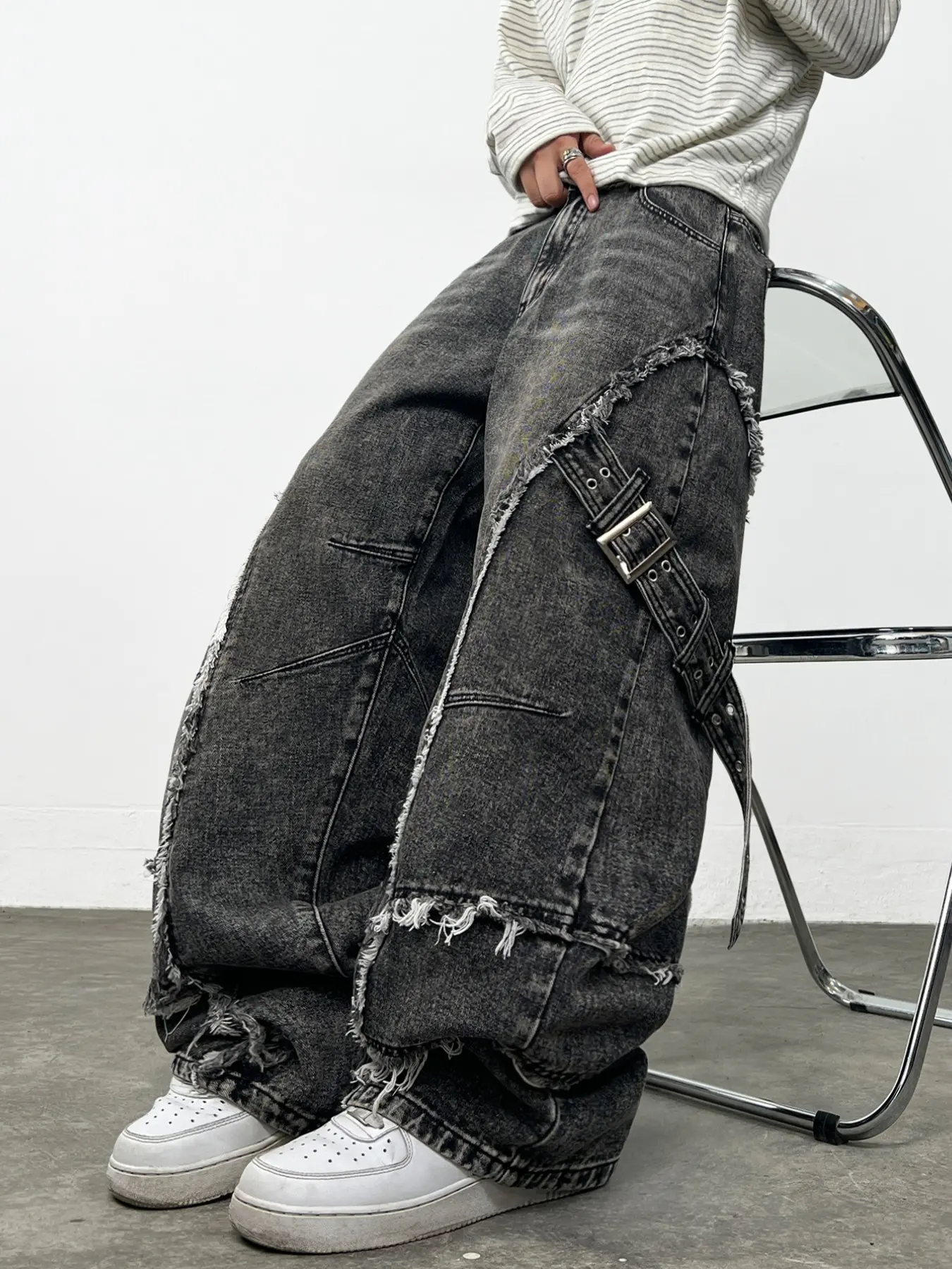 Men's Denim Jeans, Washed Vintage Utility Webbing Frayed Edge Patchwork Baggy Straight Leg Wide Leg Jeans, Y2K Street Fashion Workwear, Fashion Jean Bottoms