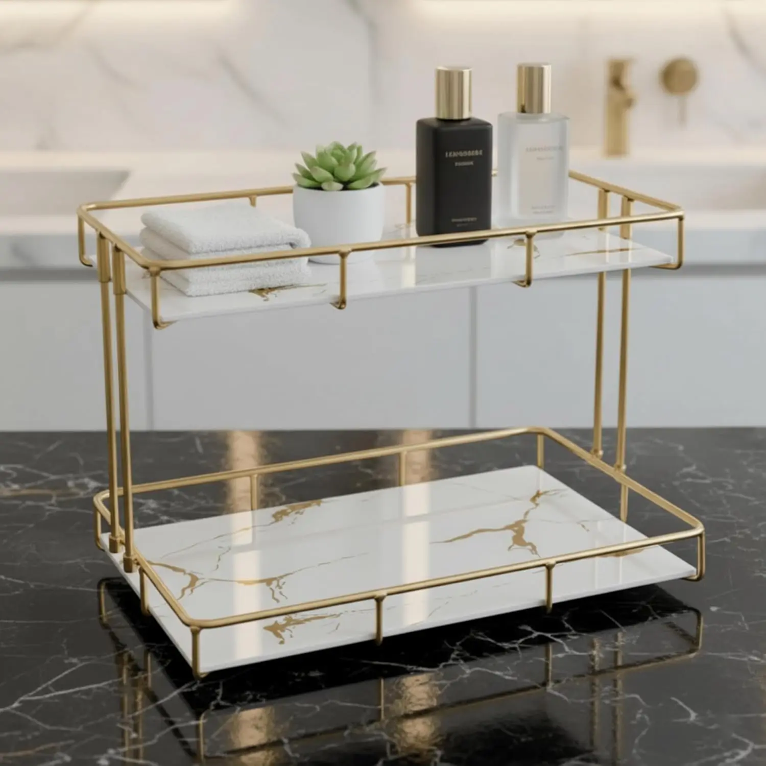 2-Tier White Marble Bathroom Countertop Organizer – Glass Shelves &  Metal Frame, Elegant  Storage Shelf for Perfume, Skincare, Makeup & Toiletries
