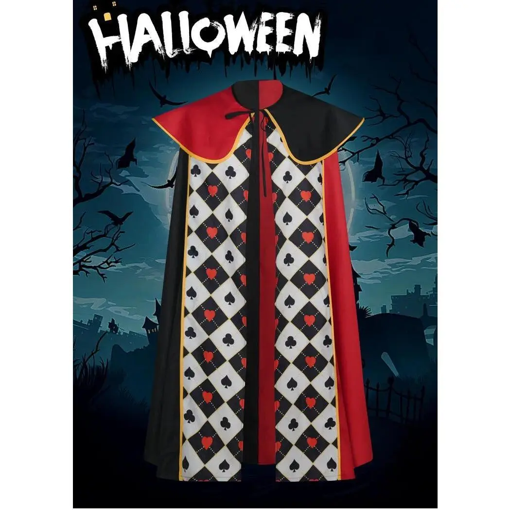 Poker Heart Spade Pattern Cape Big Lapel Cloak Halloween Magician Queen King Cosplay Costume Unisex