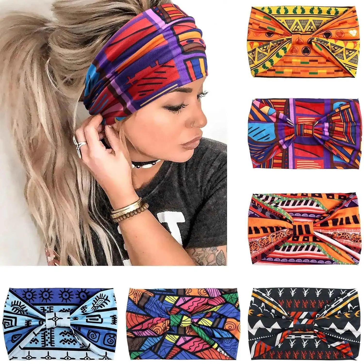 6 Pack Boho Headbands for Women Wide Bandana Hair Bands Vintage African Tribal Printed Turban Elastic Stretchy Geometric Knot Headwrap Non Slip Workout Yoga Running Festival Hair Accessories