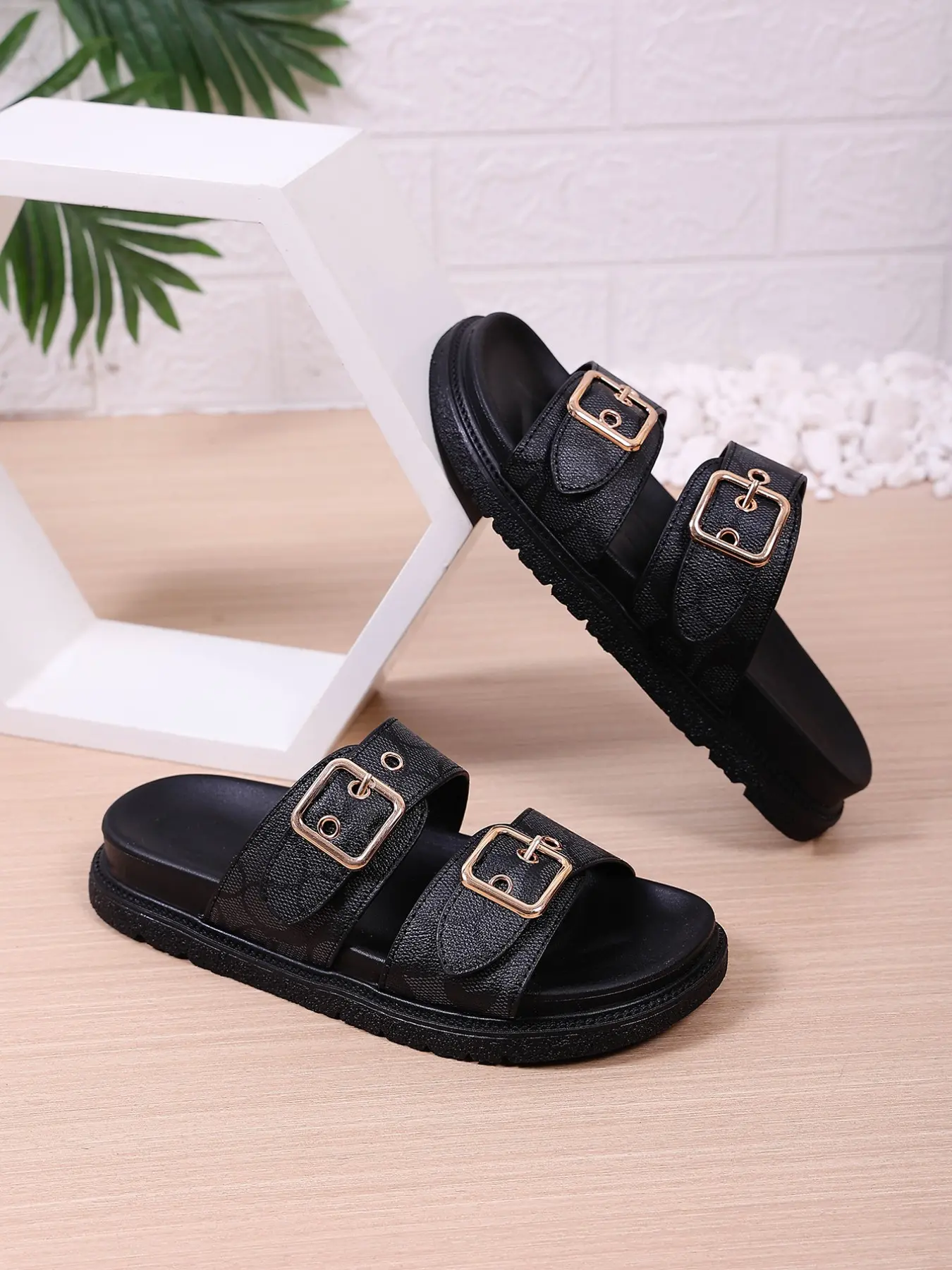 New Summer Floral Double Buckle Thick Sole Sandals, Open Toe Flat Sandals, Casual Daily Wear, Lightweight Comfortable Shoes