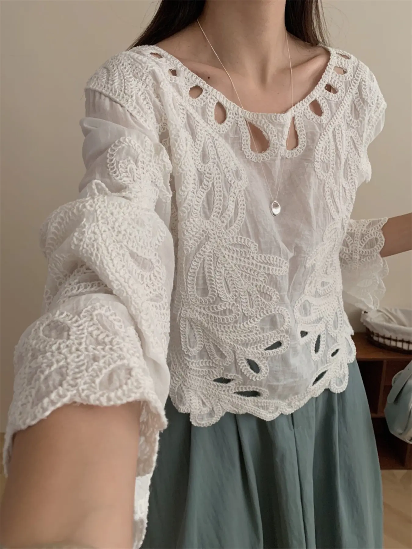 2026 Autumn Retro Hollow Out Embroidery Long Sleeve Crochet Shirt, Women's Loose Versatile Blouse, Stylish and Comfortable Fashion Top