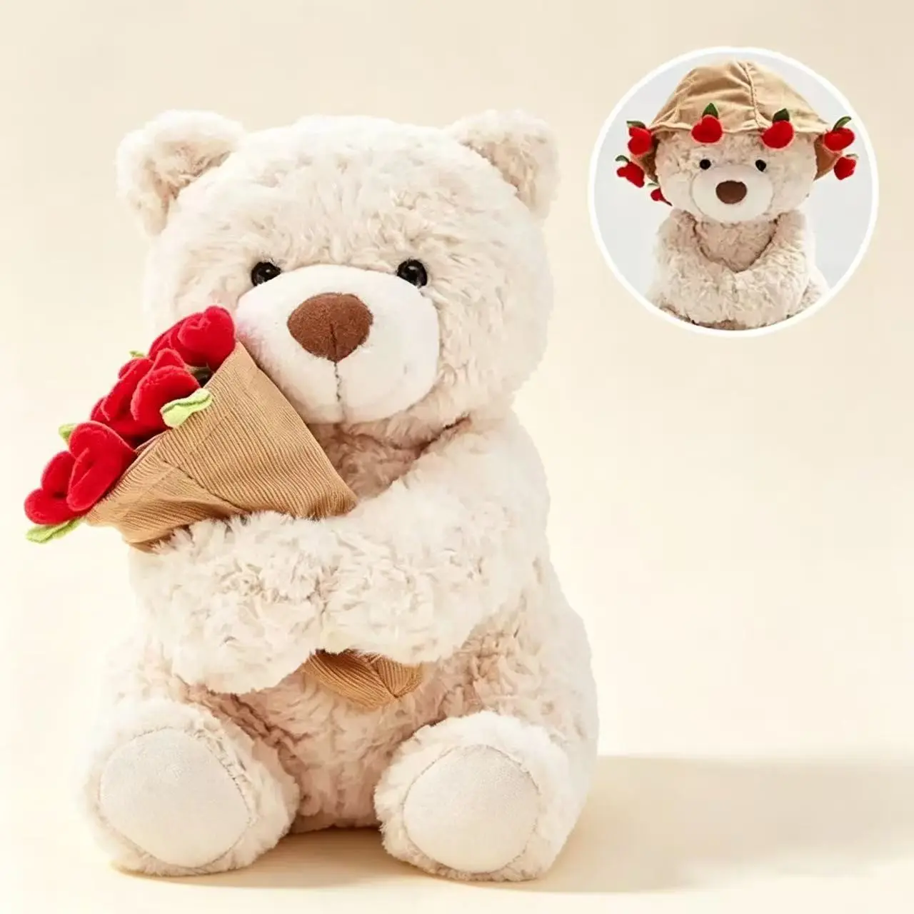 Rose Bouquet Bear Plush Ornament, Soft Fluffy Bear with Removable Floral Hat, Romantic Tabletop Decor for Valentine’s Day, Wedding, Birthday Gifts, Rose Teddy Bear