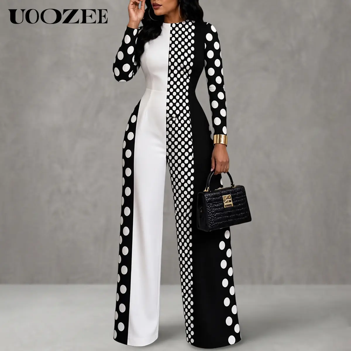UOOZEE New Autumn Women Back Zipper Polka Dot Patchwork Jumpsuit, Long Sleeve High Waist Wide Leg Jumpsuit, Elegant One Piece Outfit With Functional Pockets, Formal Casual Jumpsuit