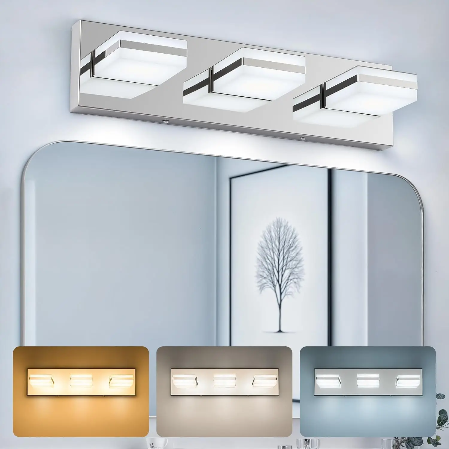 Bathroom Vanity Light Fixture, 3-Light Modern LED Vanity Lights, 3CCT Adjustable Bathroom Light with Memory Function Rotatable Shades, 18" Wall Lighting Fixture Over Mirror, Chrome