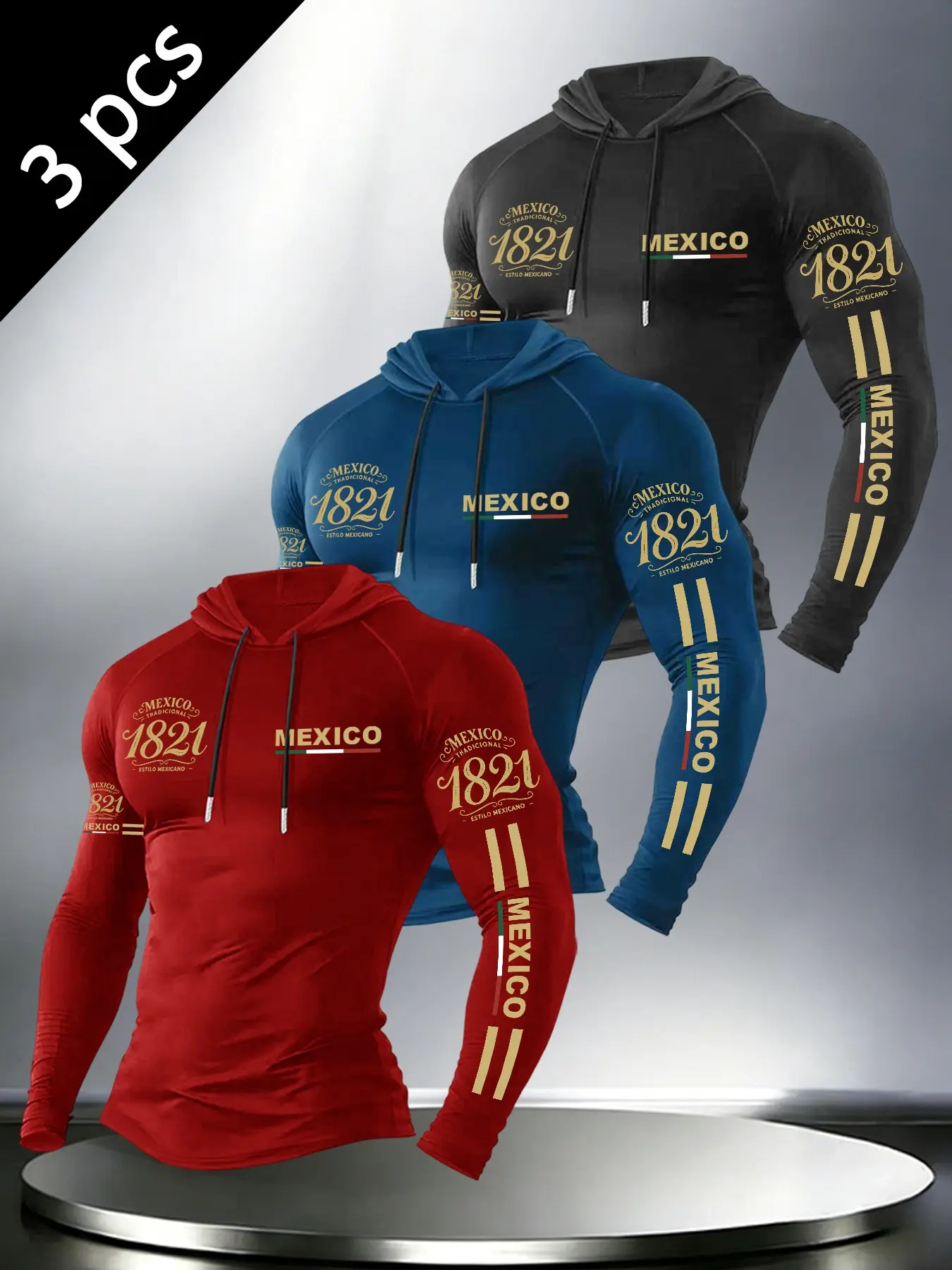 3 Pack Menswear Drawstring Long Sleeve Hoodies Vintage Mexico Year Number Vertical Stripe Letter Chest Sleeve Multi Position Graphic Print Cultural Themed Slim Fit Streetwear Tops For Daily Urban Leisure Outfit