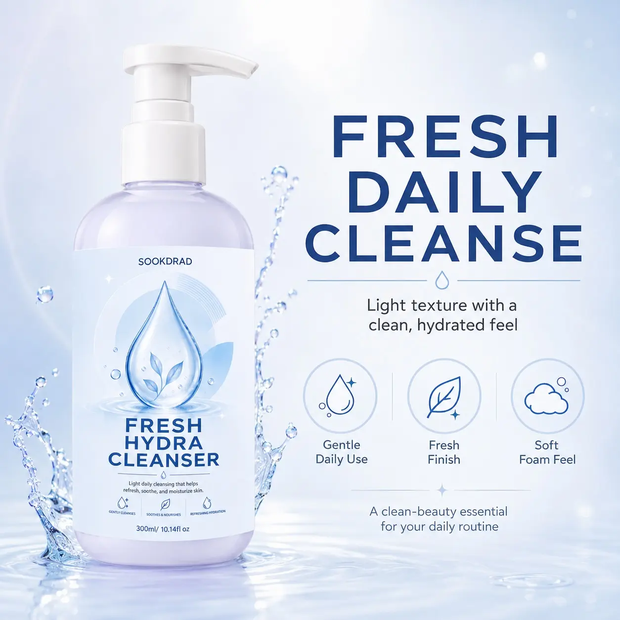 Fresh Hydra Facial Cleanser, light daily cleansing, gently cleanses, soothes and nourishes, refreshing hydration, for skin, 300ml/10.14fl oz