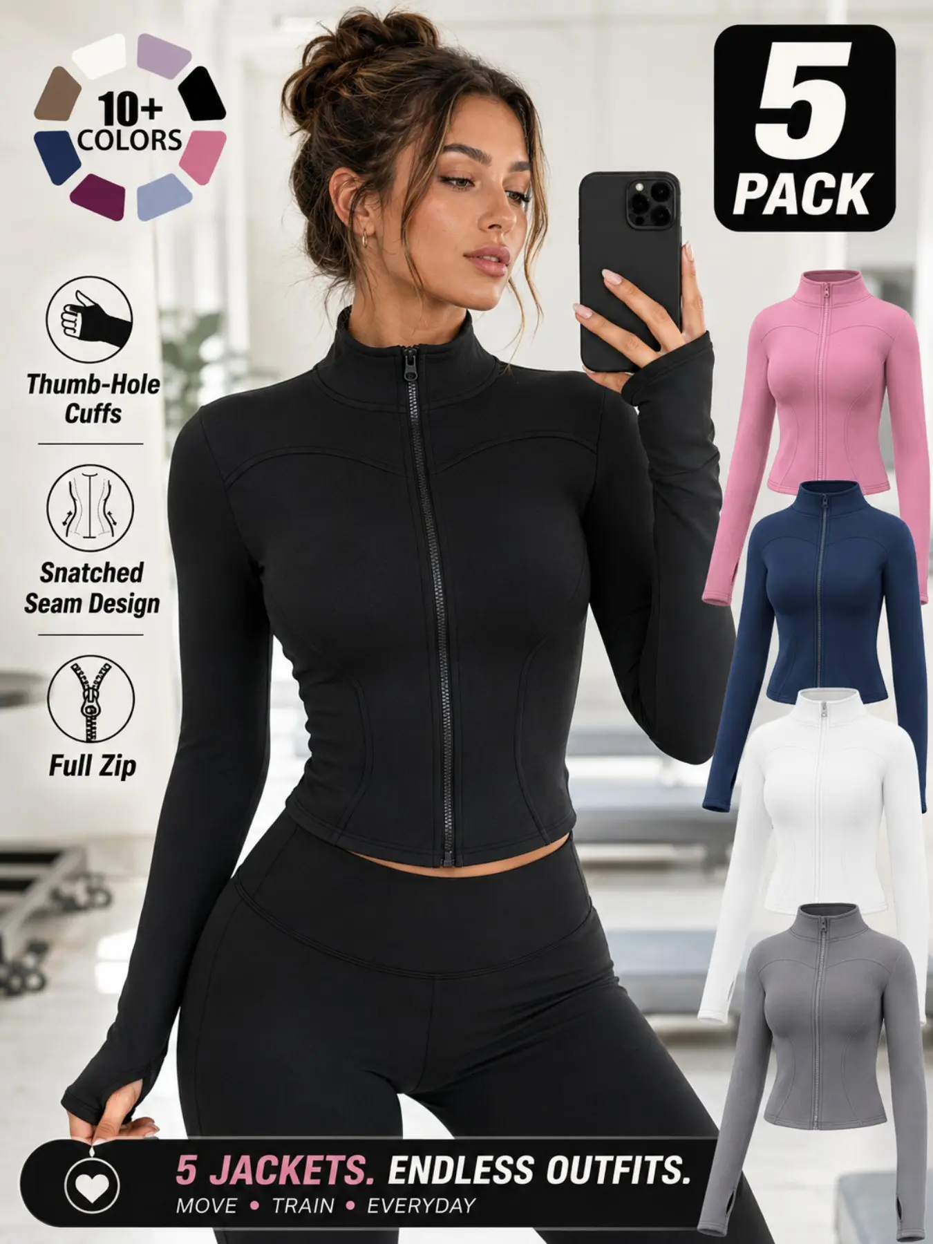 Women's Long Sleeve Sports Jacket, Slim High-Stretch Zip-Up Yoga Fitness Top with Mock Neck and Thumb Holes, Waist-Hugging Training Coat for All Seasons, Sizes S-3XL Available, Zippered Sports Jacket, Sports Outerwear