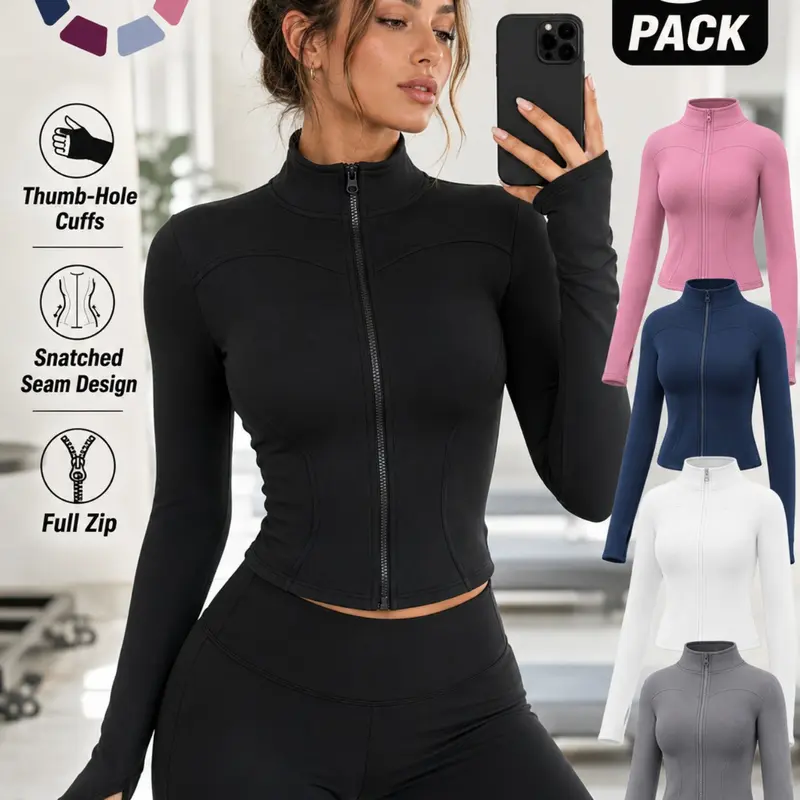Women's Long Sleeve Sports Jacket, Slim High-Stretch Zip-Up Yoga Fitness Top with Mock Neck and Thumb Holes, Waist-Hugging Training Coat for All Seasons, Sizes S-3XL Available, Zippered Sports Jacket, Workout Clothes