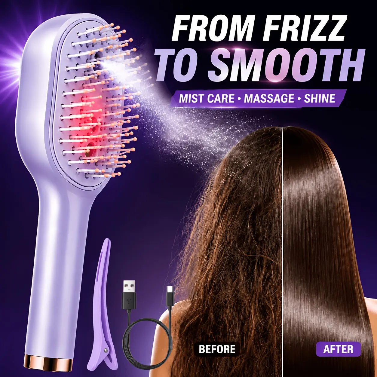 3pcs Portable USB Rechargeable Electric Scalp Massager Comb - Retractable Stainless Steel Teeth, Mist Function, Air-Cushion Detangling Brush for All Hair Types, Travel-Friendly Hair Care Device, Holiday Gift Option, Retractable Teeth