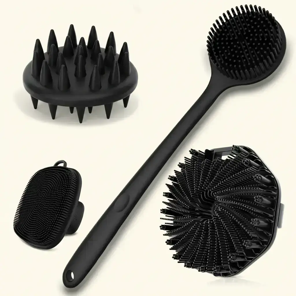 Silicone Body Care Brush Set, 4 Counts Long-Handle Back & Face Brushes, Bath Brush, Body Brush for Showering, Hairbrush & Body Back Scrubber, Professional Skincare Tools for Home & Travel Use, Shower Brush Exfoliating Tool
