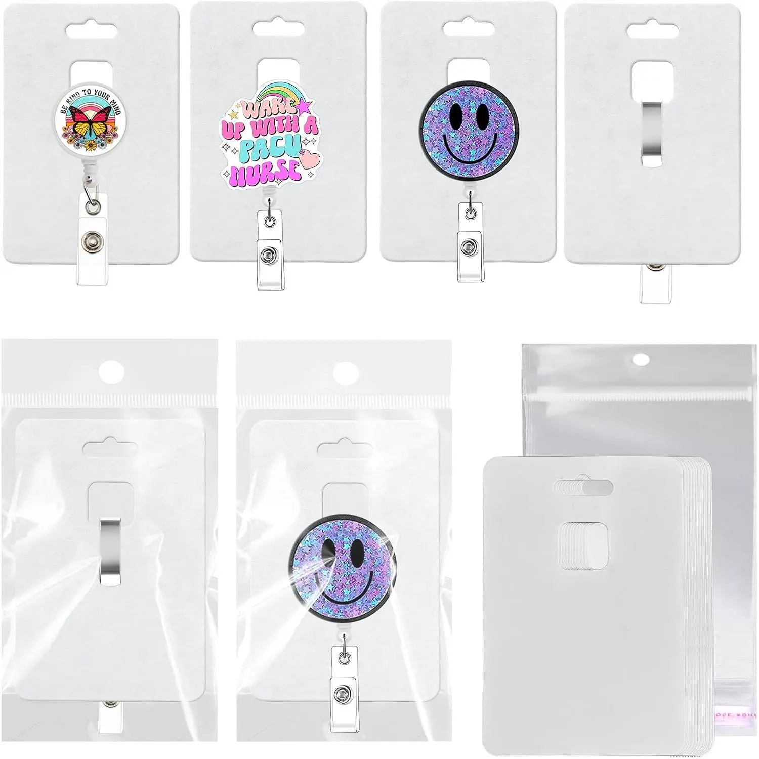 100PACK Badge Reel Display Cards Packaging, Fits  and Belt Clips, Retractable Name Badge ID Holders, Blank  Cardstock Holder with Clear Self-Seal Bags (White)