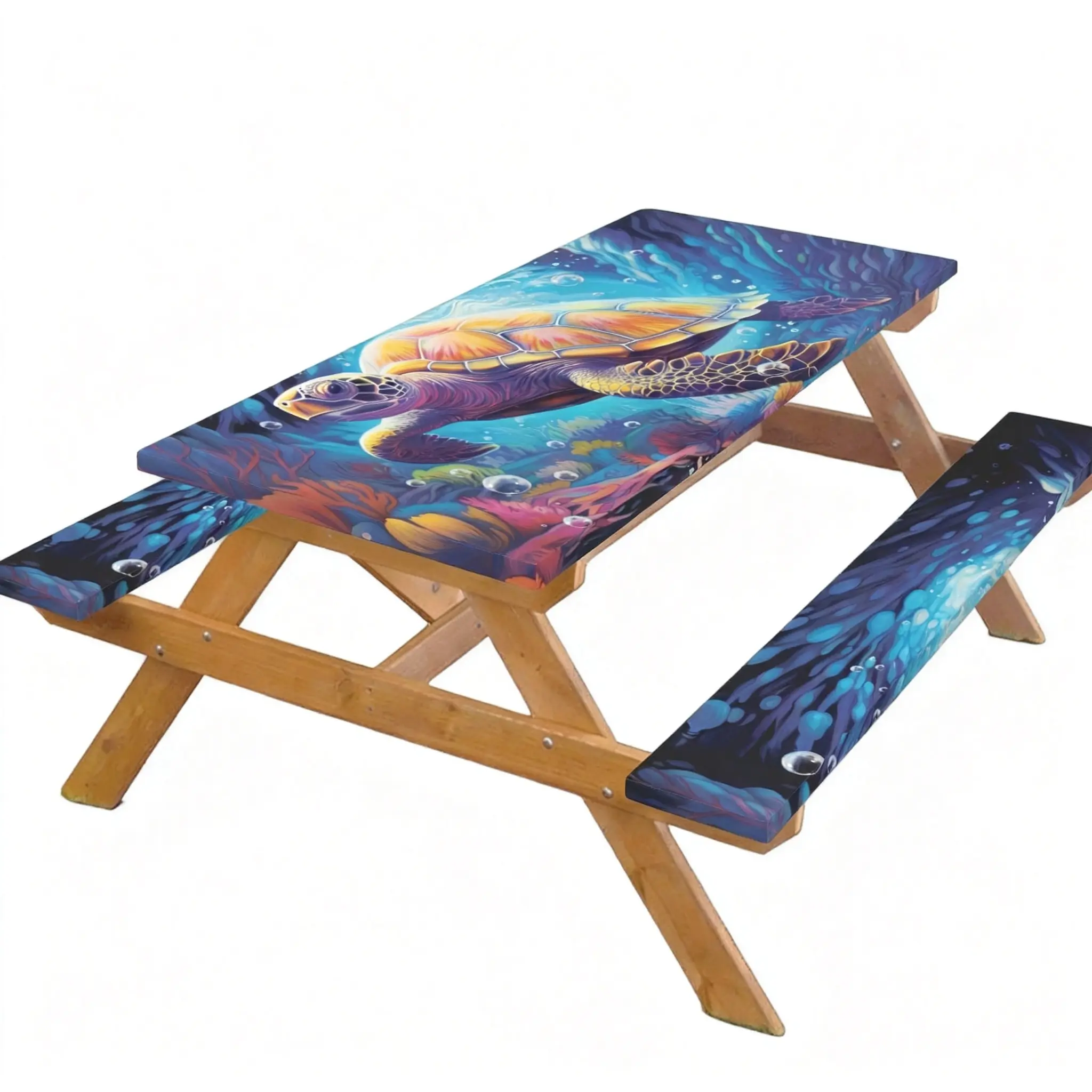 3-Pack 72x30 Inch Elastic Waterproof Picnic Table & Bench Cover Set, Coastal Nautical Decor with 2 Unique Ocean Sea Turtle Underwater Art Prints for Garden Holiday Events