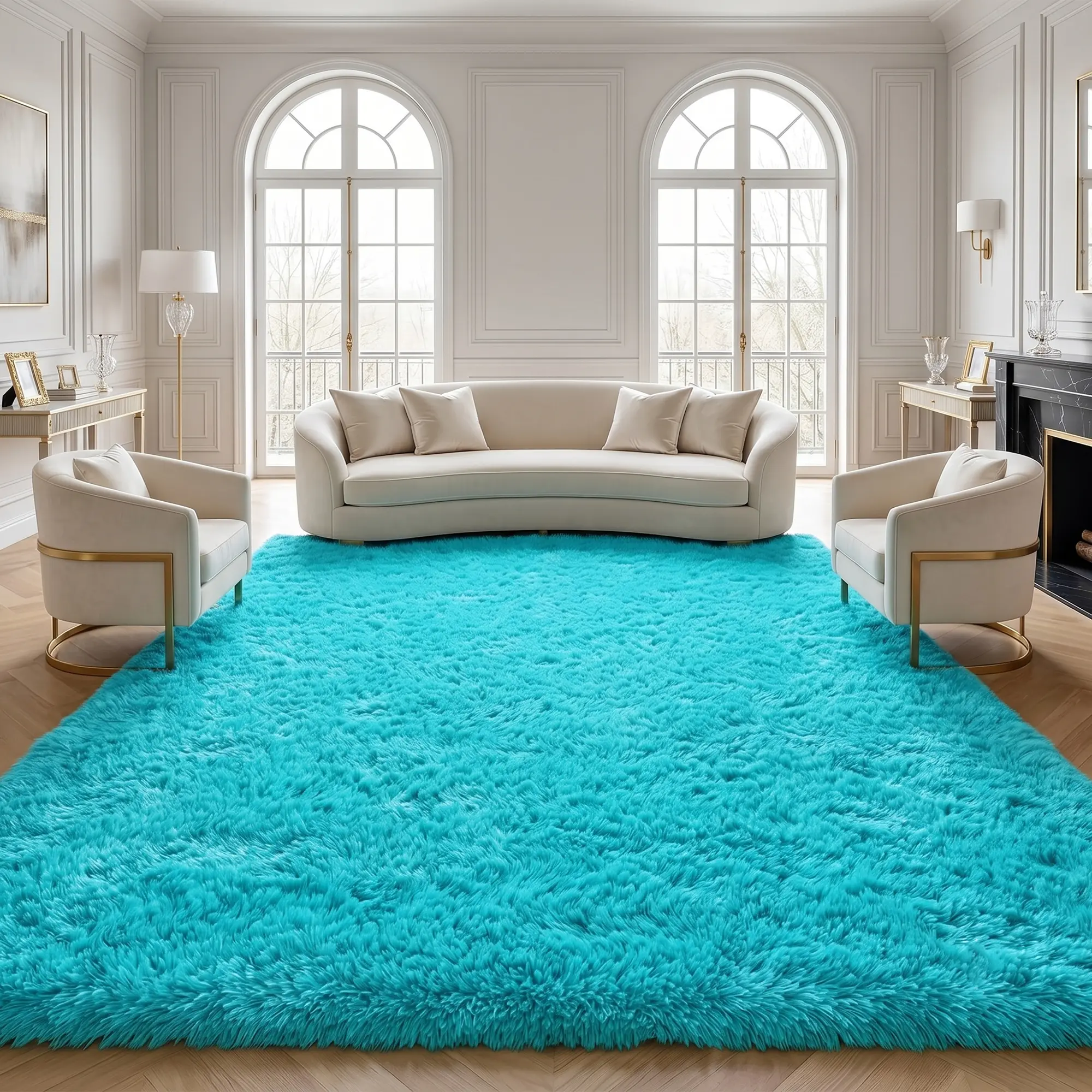 BLIOWL Turquoise Shag Area Rug Tiffany Blue Carpet Non Slip Floor Mat Viral Room Makeover Must Have for Bedroom Living Room Dorm Apartment Vanity Airbnb Teen Girls Coquette Aesthetic Modern Luxury Home Decor