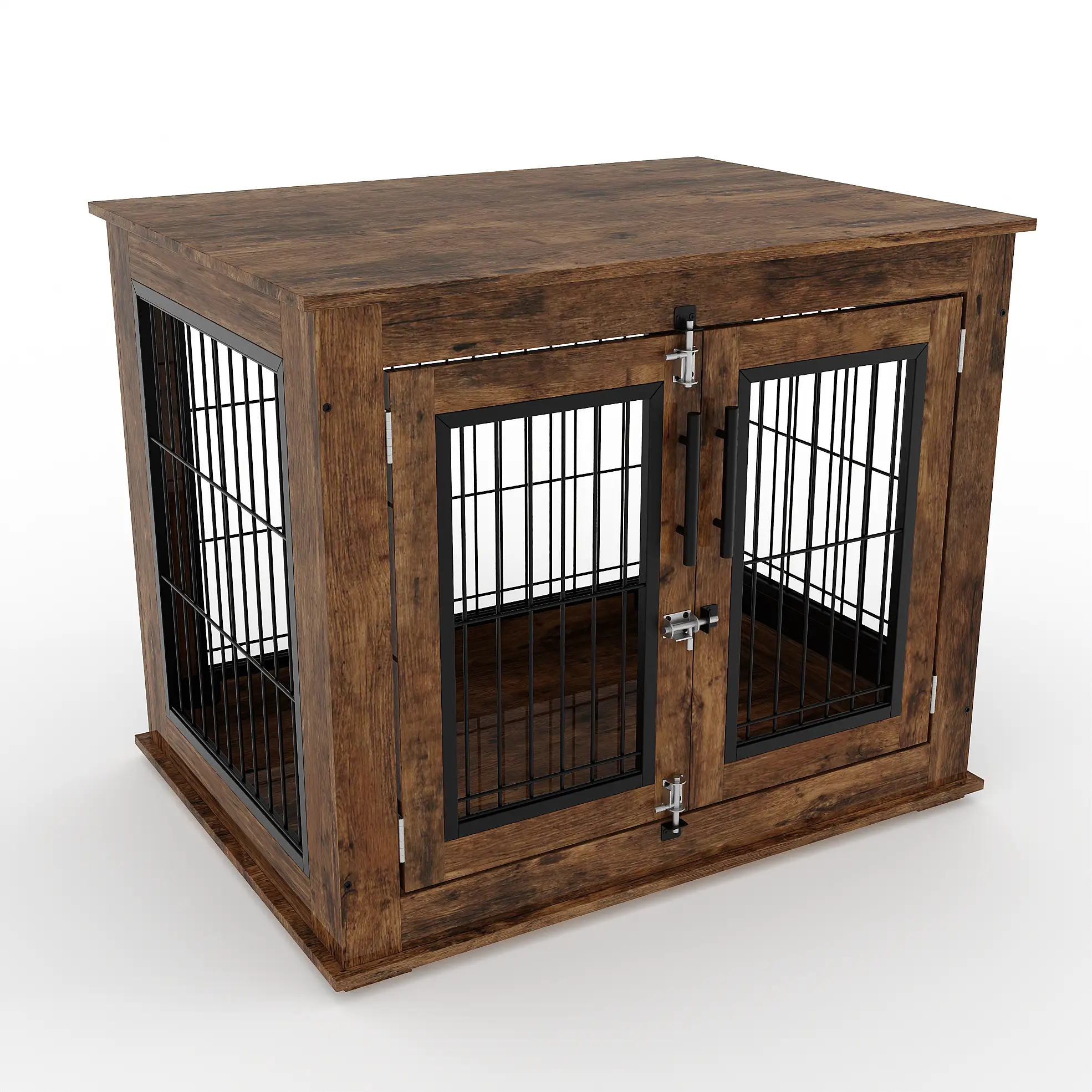 Chew-Resistant Wooden Dog Crate Furniture Kennel - Double Doors, Heavy-Duty Steel Frame, Ventilated Indoor End Table for Small-Medium Dogs, Rustic Brown, Secure Design