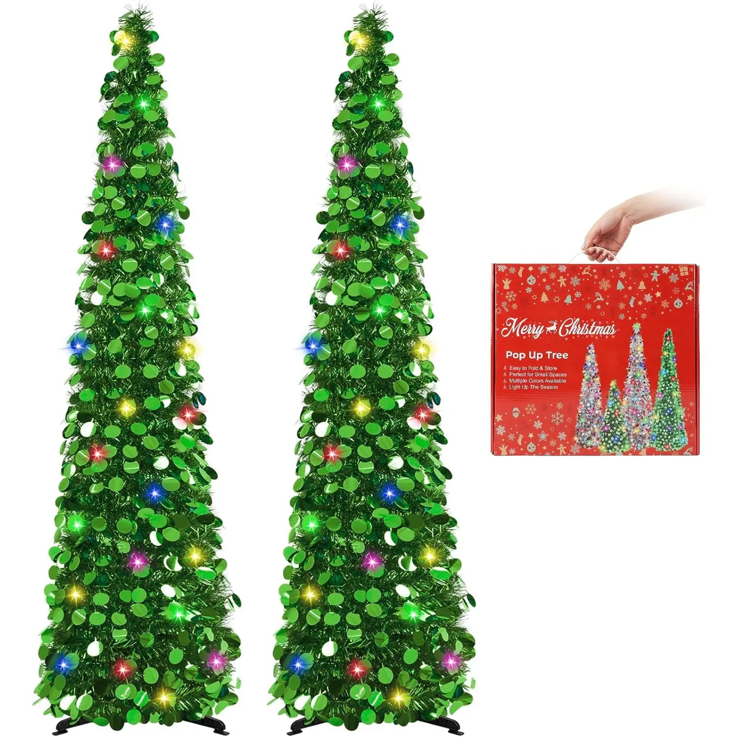 2 count Pop Up Christmas Tree with Lights Timer 5FT Collapsible Tinsel Pencil Tree Easy-Assembly Coastal Glitter Artificial Tree for Porch Apartment Corner  Party Xmas Decorations,Green