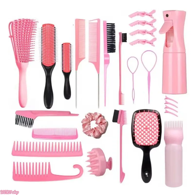 14/27 PCS Hair Styling Tool Set, Continuous Spray Bottle, Scalp Shampoo Brush, Teasing Comb, Rat‑Tail Comb & Hollow Detangling Comb for Salon Home Hairstyle DIY Hair Styling