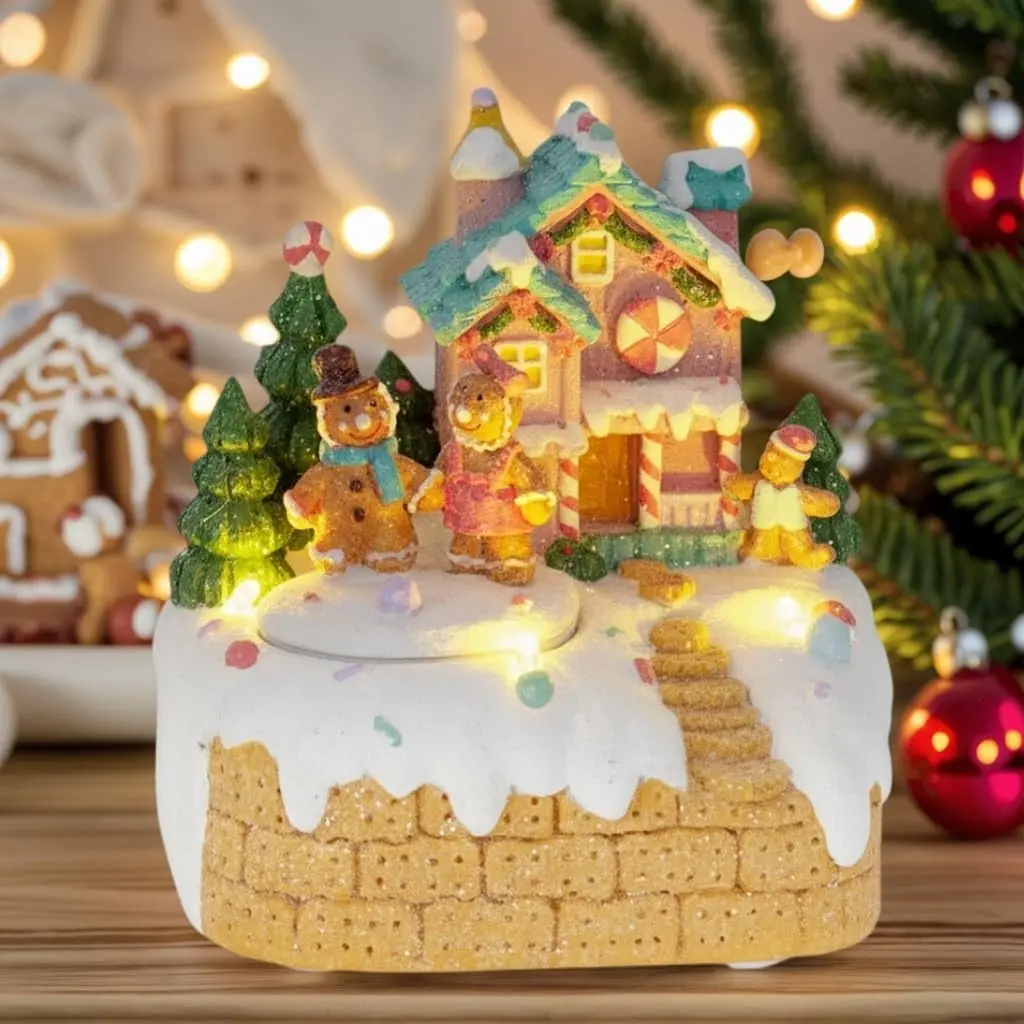 Animated Pre-Lit Musical Resin Gingerbread House Christmas Decoration - Rotating Chars, LED Lights, Indoor Holiday Tabletop Village Figurine