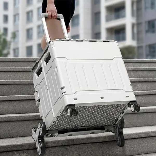 Foldable Step-Climbing Rolling Storage Cart - Heavy-Duty Reinforced Build, Telescopic Pull Handle, 1-Piece Dust-Proof Lid, Flat-Folding for Car Trunk, Ideal for Shopping, Moving (Home Organizer Storage Bin)