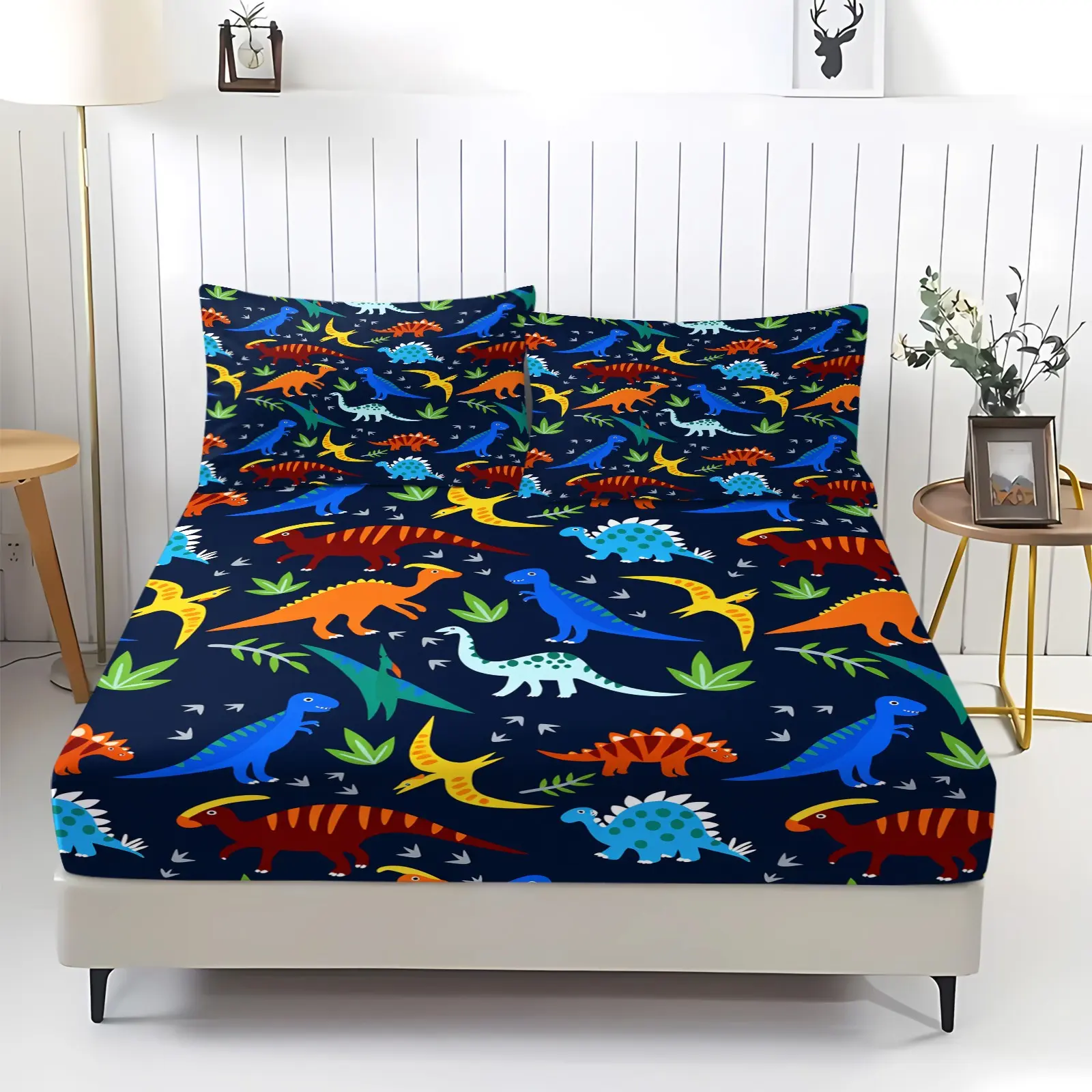 Cartoon Small Dinosaur Bedding Set, Bed Sheets Set, Includes 1 Fitted Sheet and 2 Pillowcases, Polyester Material, Digital Print, 12" Deep Pocket, All Seasons Use
