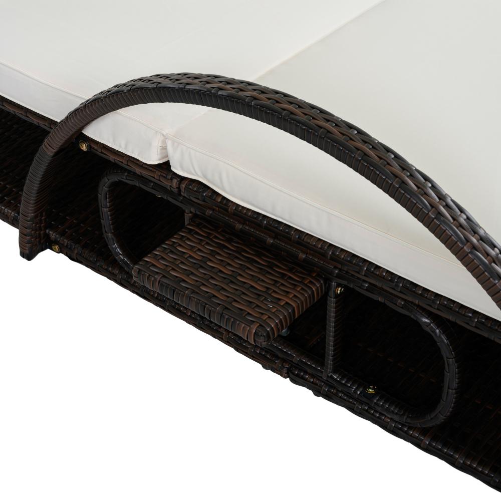 Outdoor steel-frame sun loungers with adjustable backrests; double patio sunbeds featuring hidden side tables and curved armrests; ideal for patios, pool decks, gardens, backyards, and other outdoor spaces