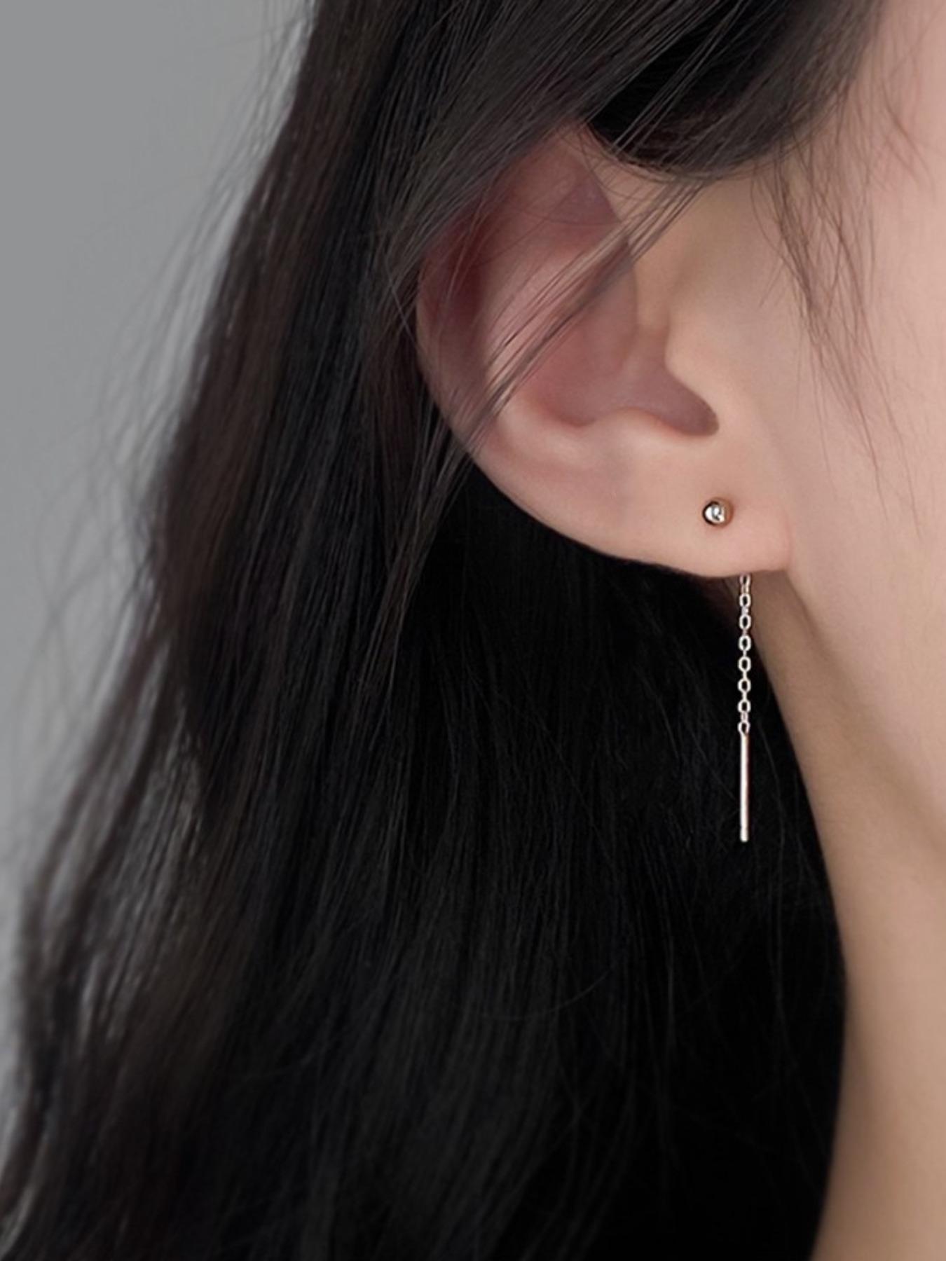 S999 Sterling Silver Round Bead Design Threader Earrings, Minimalist Line Earrings for Women, Trendy All-match & Exquisite Jewelry for Birthday Gift