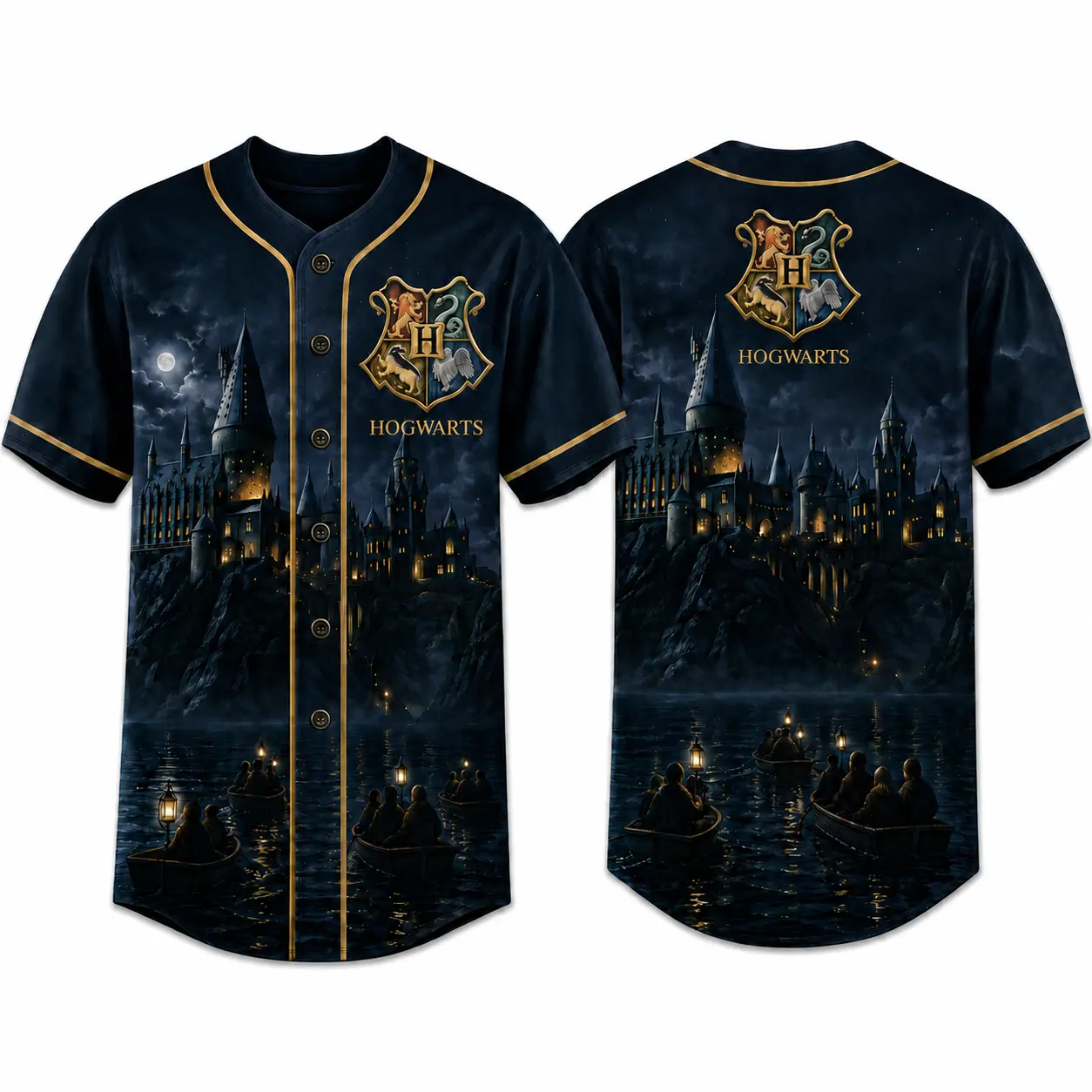 Harry Potter Hogwarts Baseball Jersey Shirt, All Over Print Castle Graphic Button Down Short Sleeve V Neck, Unisex Casual Streetwear Game Day Fan Gift