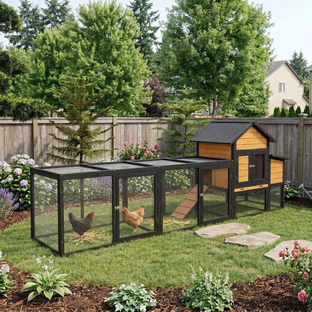 119.5 inches Wood Solid Wood Outdoor Chicken Coop with Run, 7 Doors, Pull-Out Tray, Nesting Box, Ramp - Expandable Quick Clean Egg Pickup Backyard Poultry House for 2-4 Chickens (Farm Animal Pet Supply)