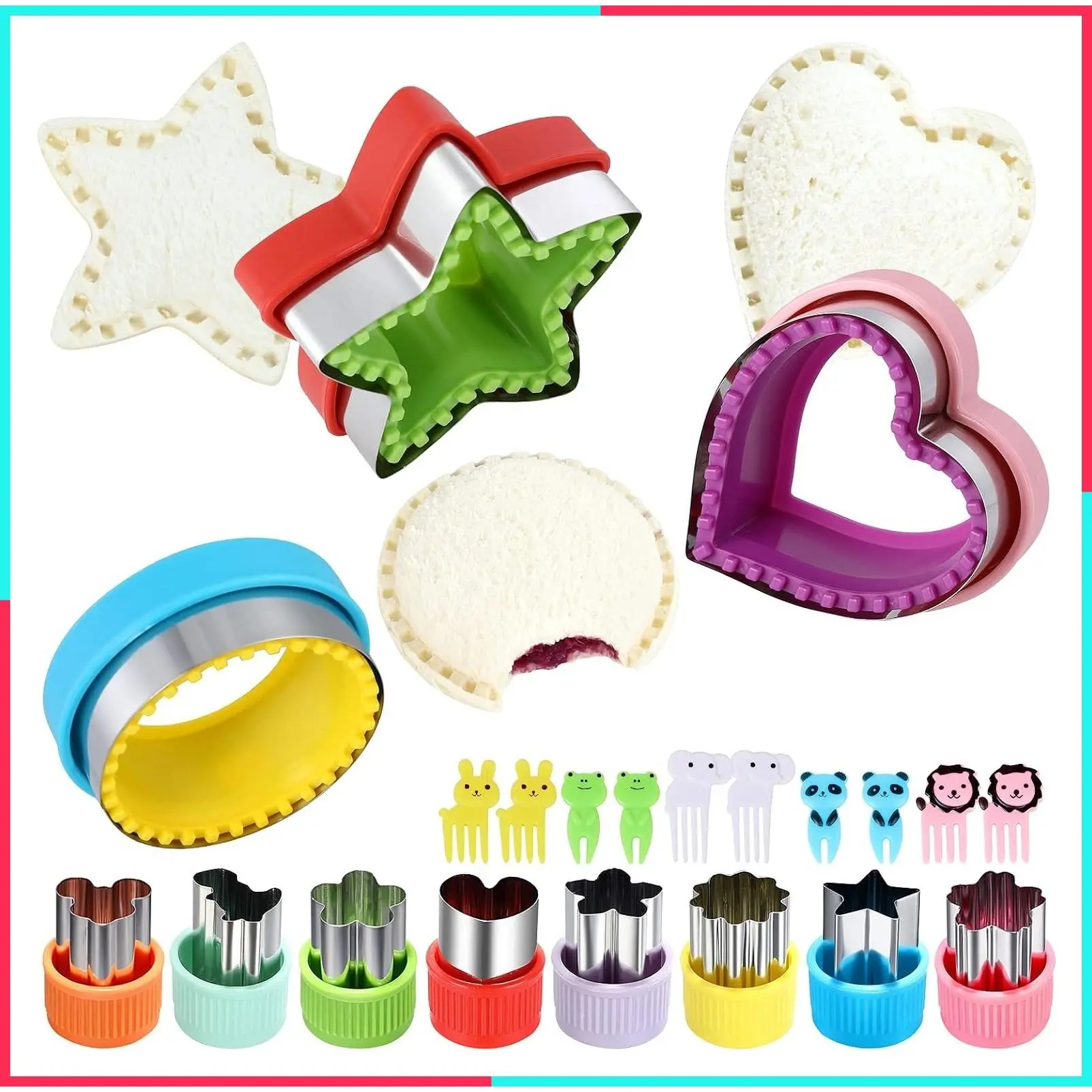3Pcs Sandwich Cutter and Sealer Set - Round Heart Star Shapes, Crustless Sandwich Press Mold + 8Pcs Stainless Steel Mini Vegetable Cookie Cutters, DIY Pancake Maker for Kids Bento