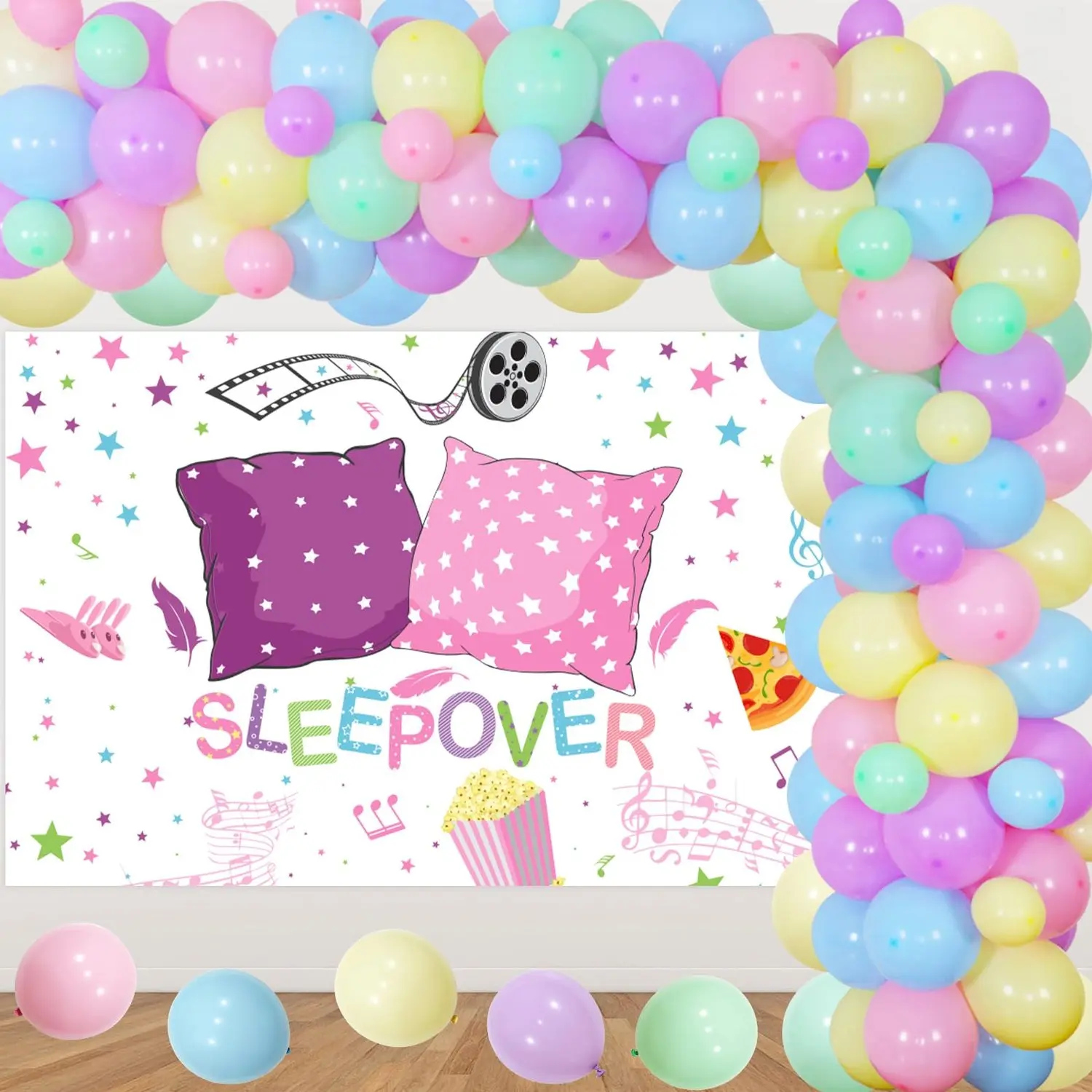 Slumber Theme Sleepover Decorations Kit - 33ft Vinyl Backdrop with Pillow Print, 12 Inches Balloon Arch Garland, 50 Latex Colorful Balloons Assortment, Girls' Night Out Spa Supplies, Festive Banner, Tape Included